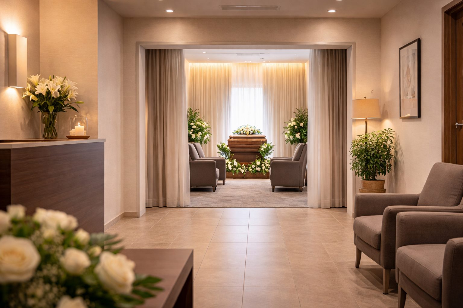 Hall d’accueil d’une chambre funéraire donnant sur un salon de recueillement lumineux avec cercueil, fleurs blanches et fauteuils.