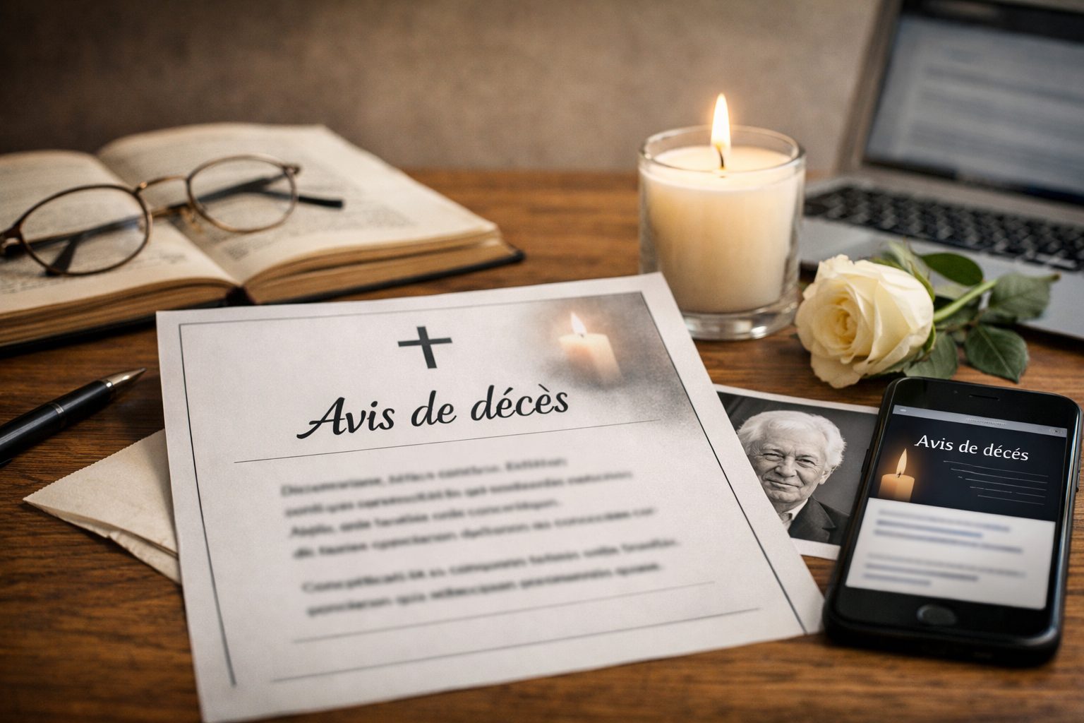 Mise en scène réaliste d’un avis de décès imprimé posé sur une table, avec une bougie allumée, une rose blanche, un stylo, un livre ouvert et un smartphone affichant l’annonce.