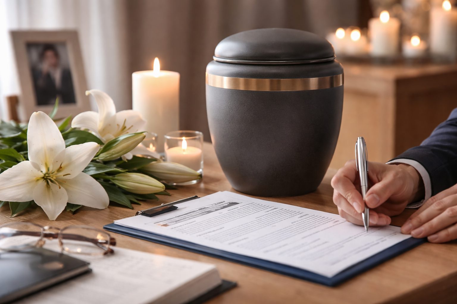 Urne funéraire posée sur une table avec fleurs blanches, bougies et document administratif en cours de signature lors de l’organisation d’une crémation