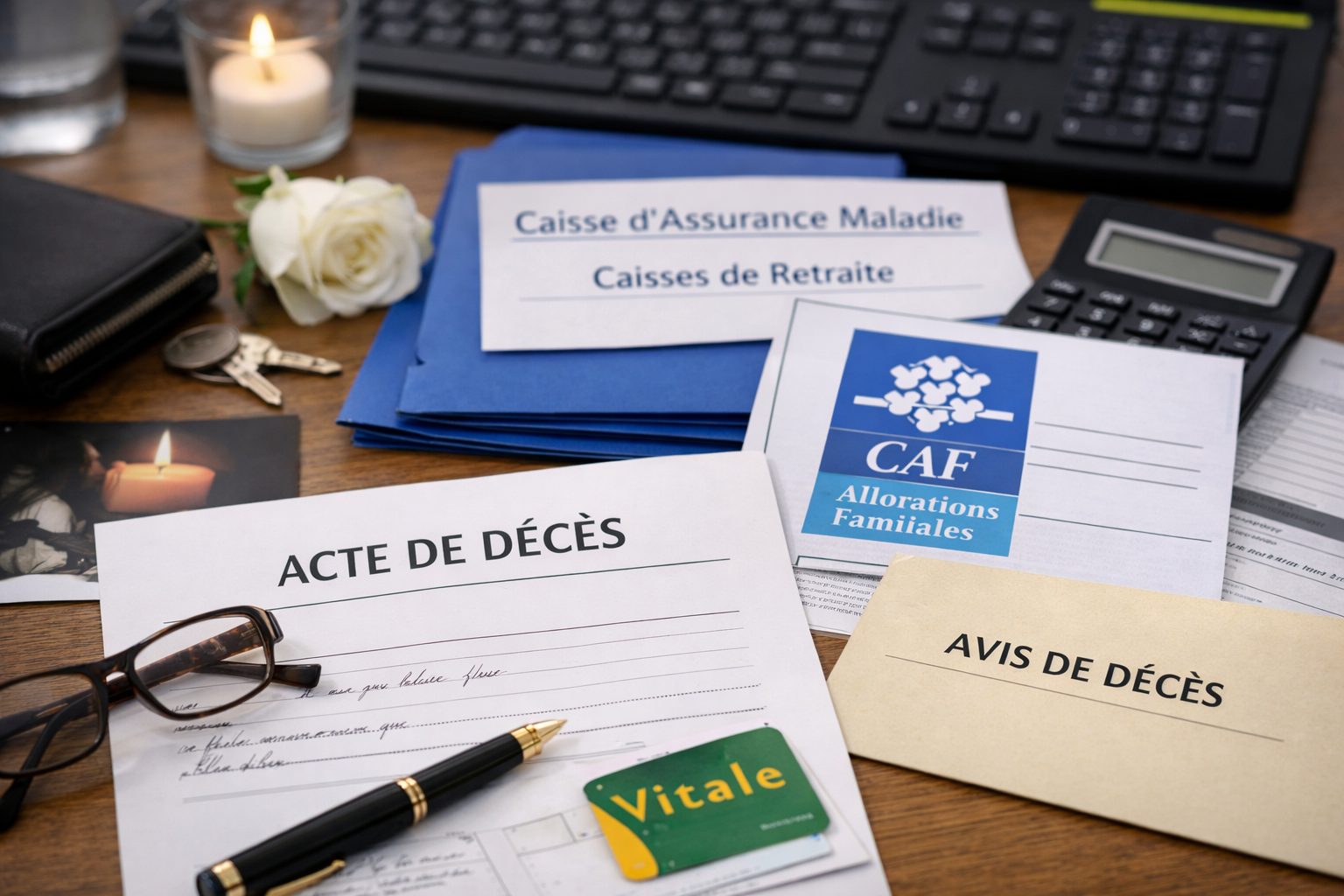 Bureau avec un acte de décès, des documents CAF, une carte Vitale, une enveloppe d’avis de décès et des formulaires liés à l’Assurance Maladie et à la retraite.