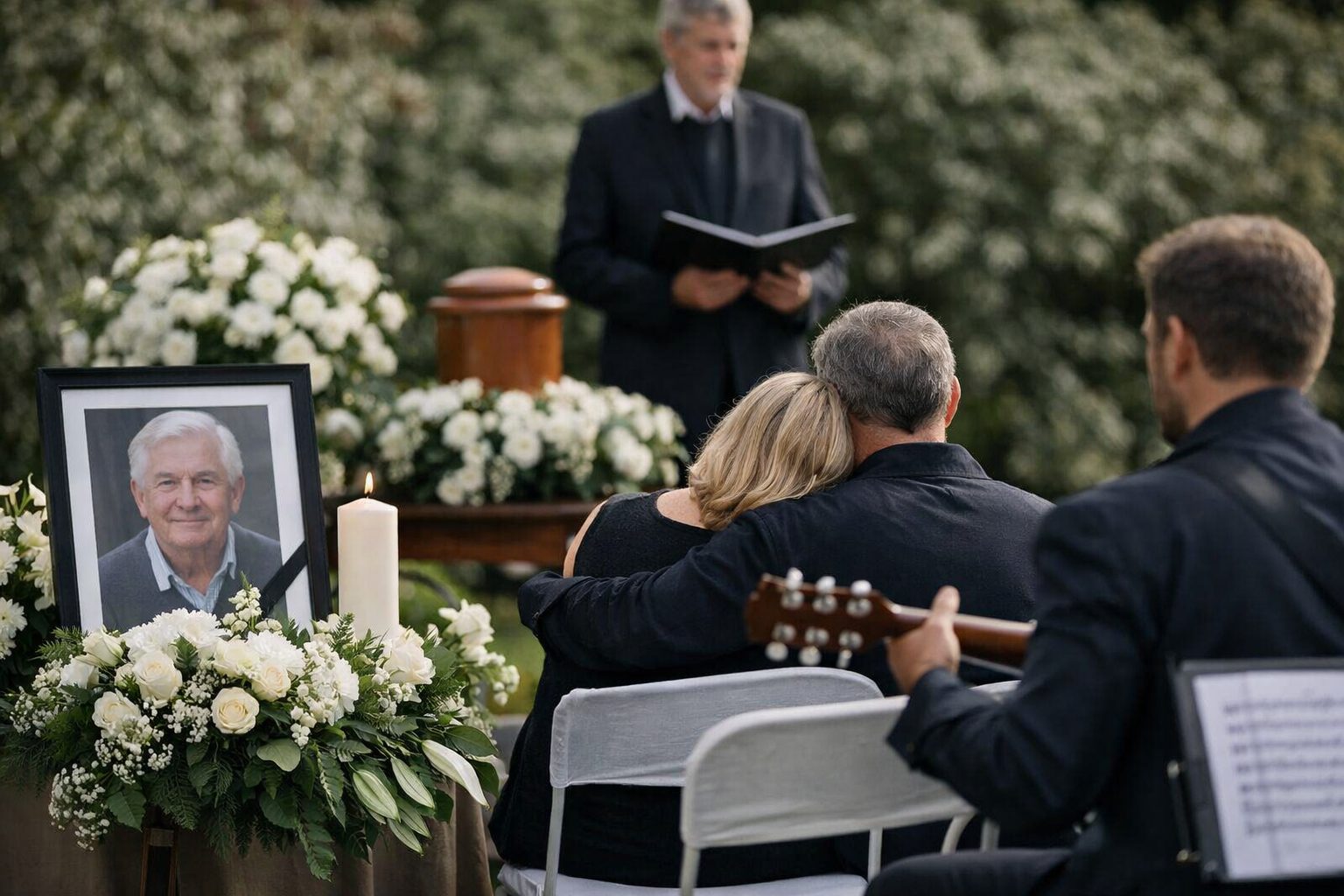Cérémonie d’adieu en extérieur avec portrait du défunt, fleurs blanches, bougie allumée, officiant au fond et musicien à la guitare, proches assis et recueillis.
