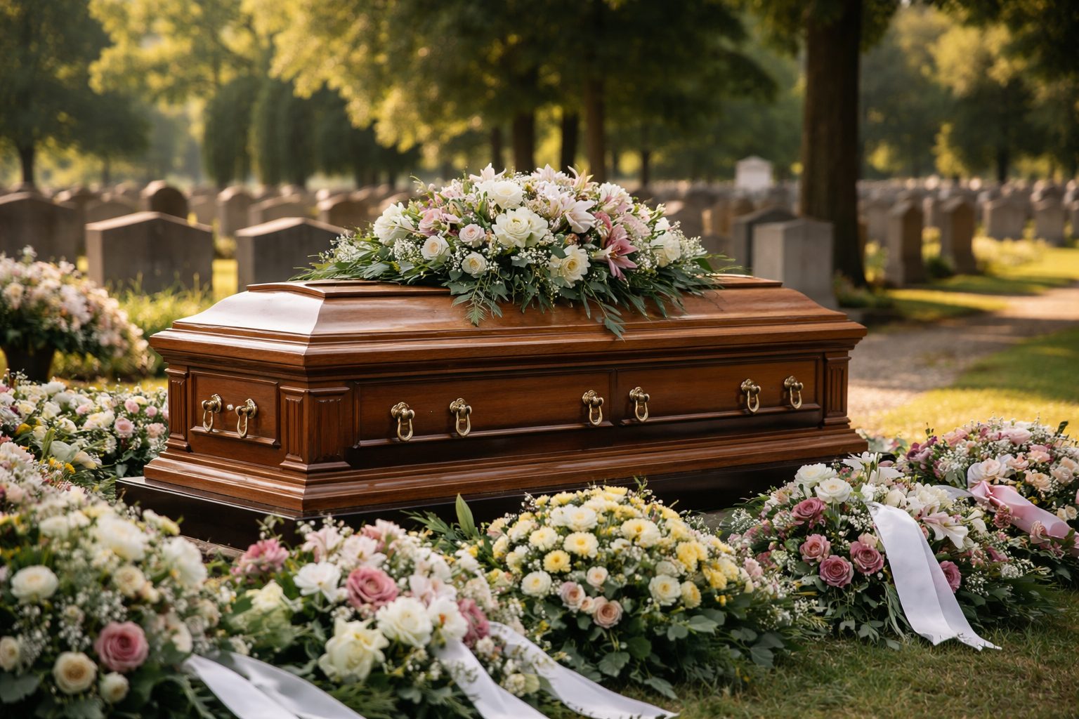 Cercueil en bois entouré de fleurs lors d’une inhumation dans un cimetière arboré