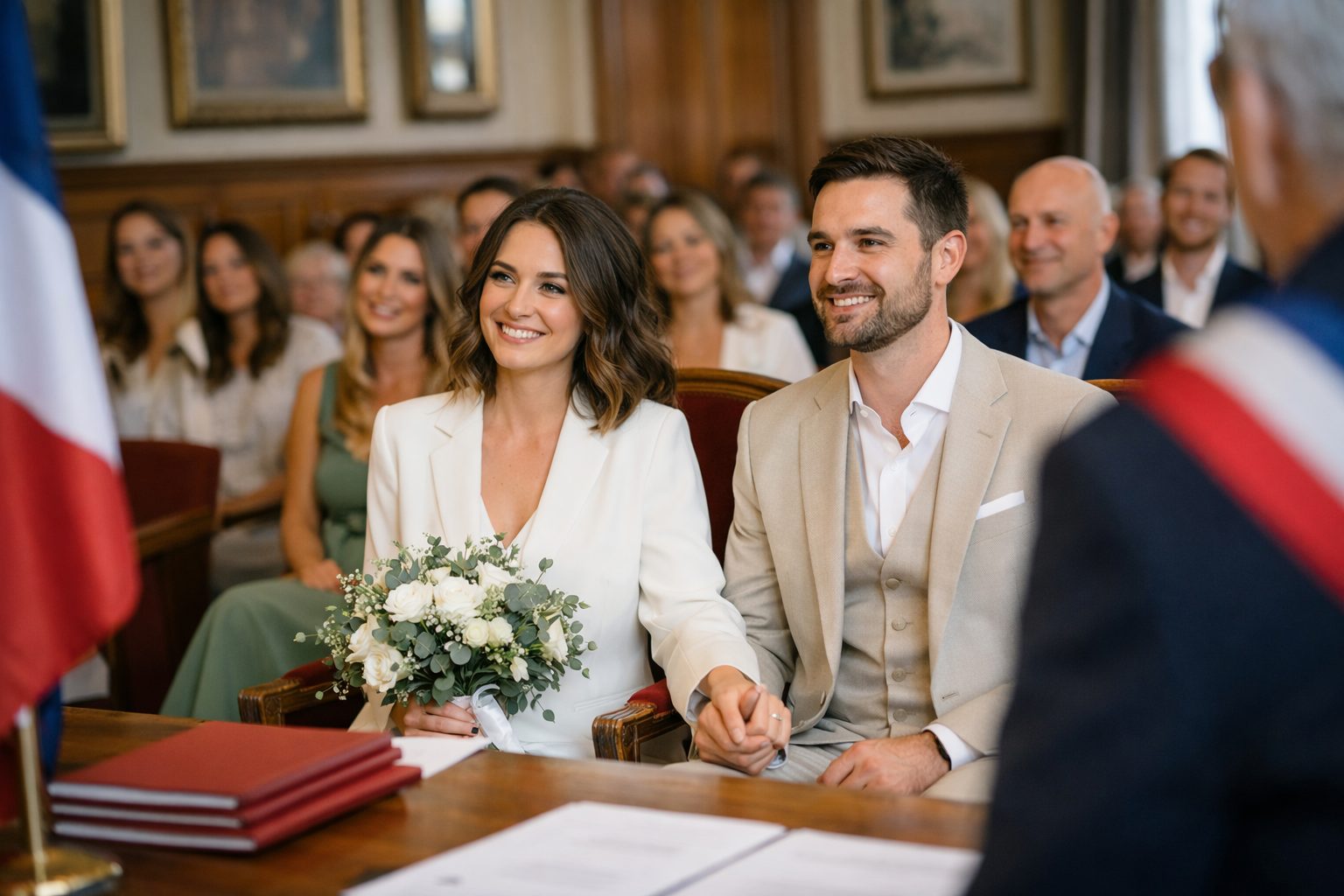 Couple de mariés assis à la mairie pendant la cérémonie civile, tenant la main, la mariée avec un bouquet de roses blanches, invités en arrière-plan.