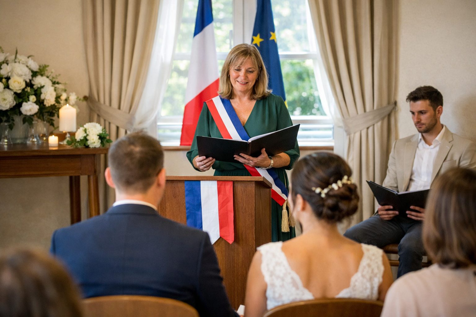 Officiante célébrant une cérémonie civile en intérieur devant un couple et leurs proches dans une salle lumineuse