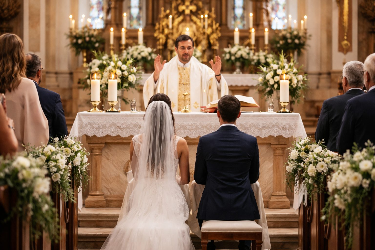 Cérémonie religieuse de mariage avec un couple agenouillé devant l’autel pendant la bénédiction du célébrant