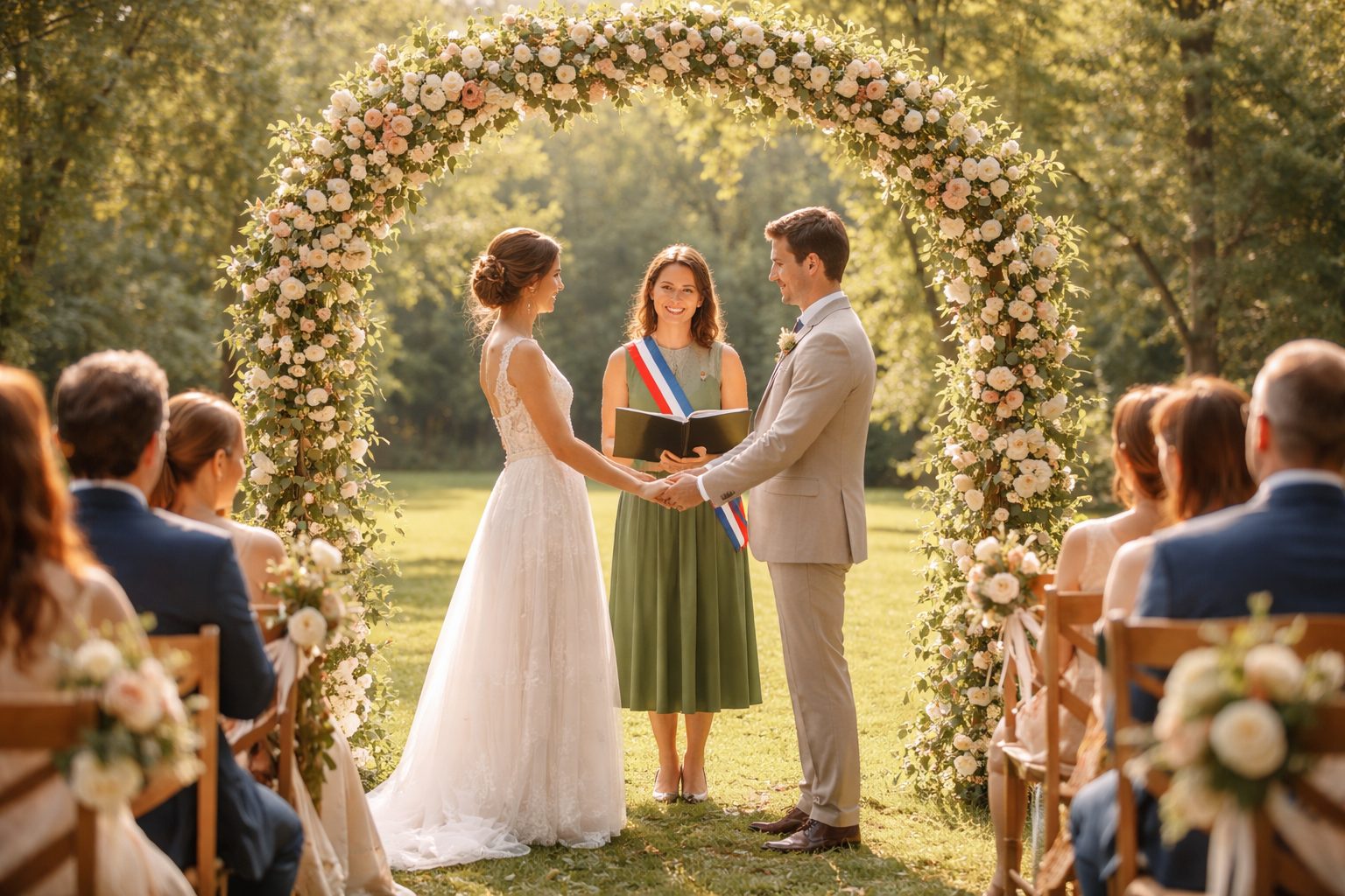 Couple échangeant ses vœux lors d’une cérémonie civile en extérieur, sous une arche fleurie, avec une officiant et des invités assis sur des chaises en bois