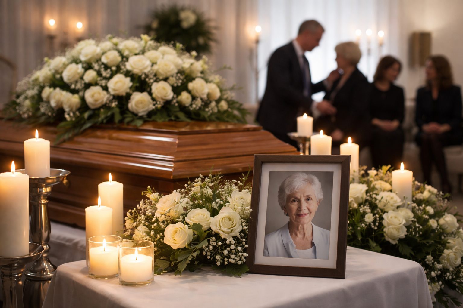 Cercueil en bois avec composition de roses blanches, bougies allumées et portrait encadré du défunt lors d’une veillée en salon funéraire