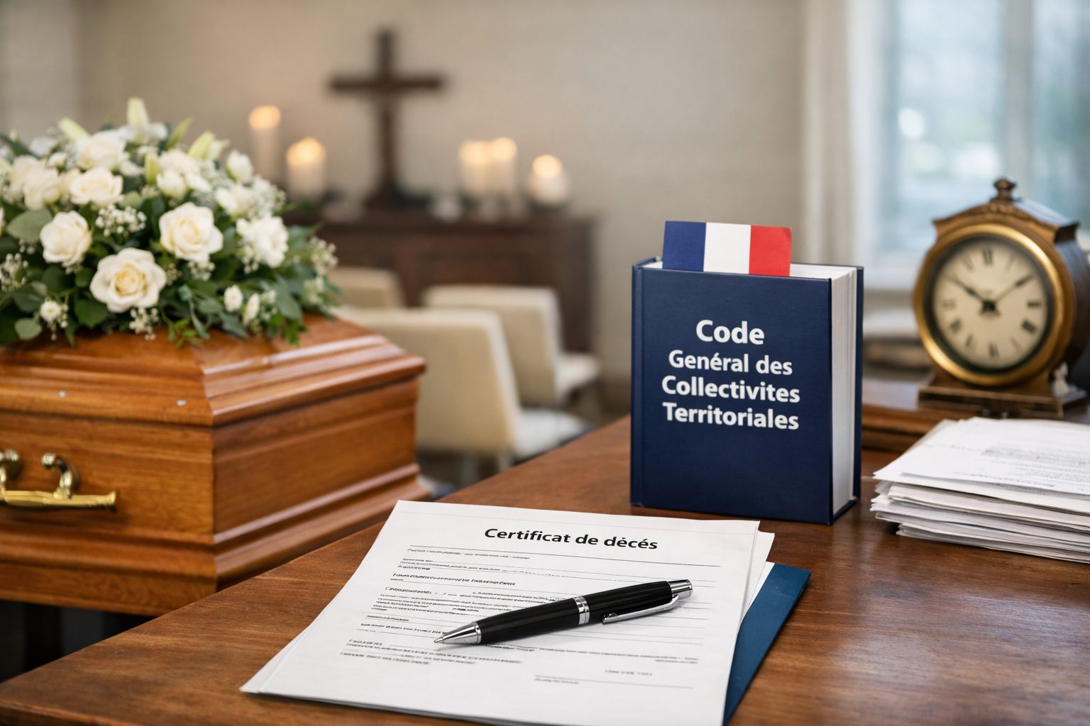 Cercueil funéraire posé dans un espace administratif avec certificat de décès et documents officiels liés aux délais légaux des obsèques