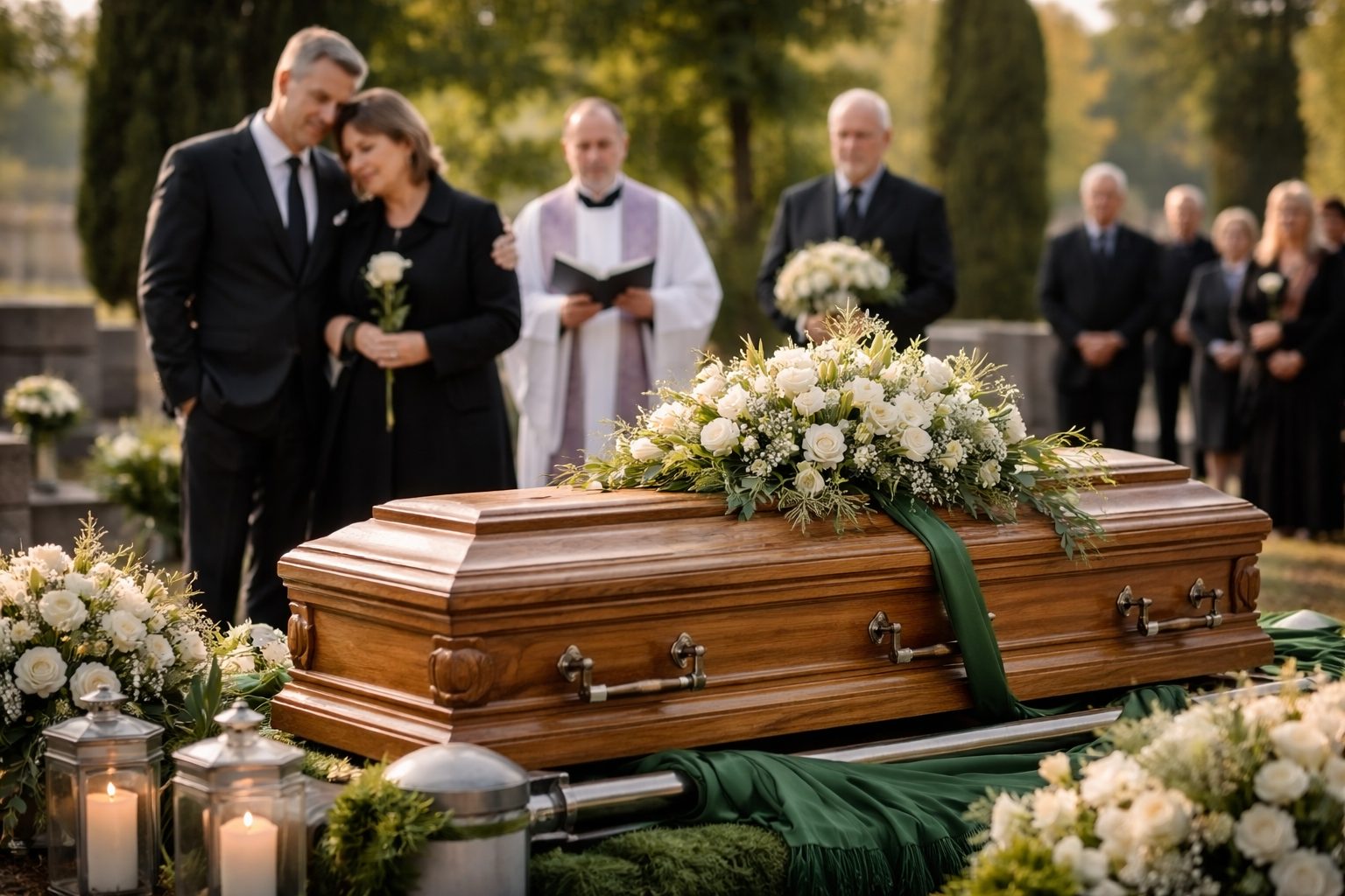 Cercueil en bois recouvert de fleurs blanches lors d’une cérémonie d’inhumation, entouré de proches en tenue sombre et d’un officiant au cimetière