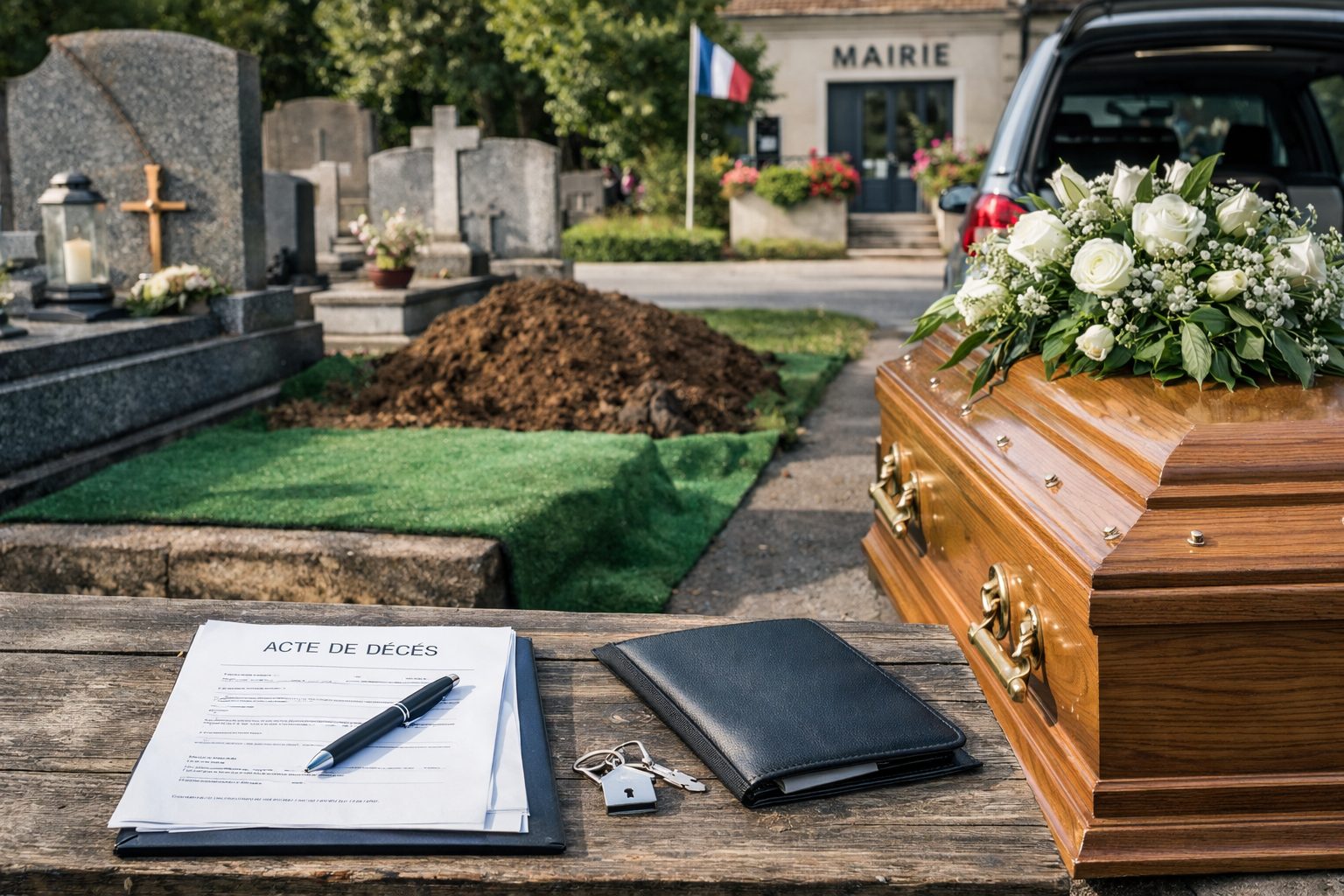 Cercueil en bois fleuri au cimetière, mairie en arrière-plan et acte de décès posé sur une table, illustrant l’organisation administrative et pratique avant l’inhumation