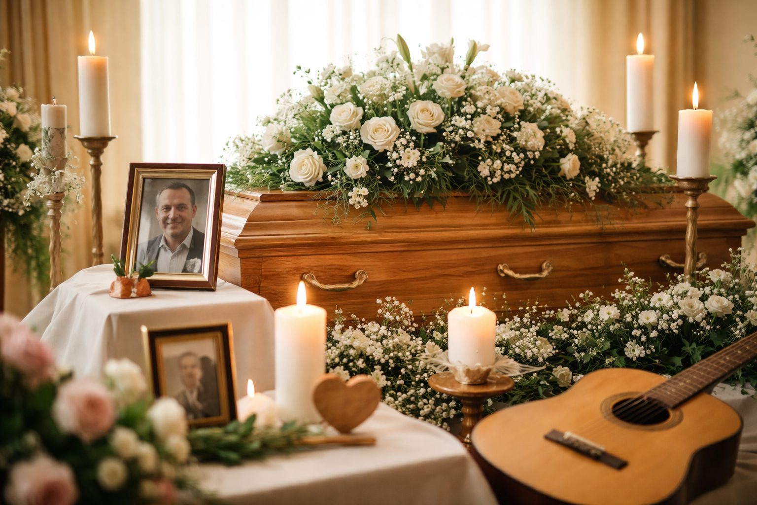 Cercueil en bois entouré de fleurs blanches et de bougies, avec une photo encadrée et une guitare posée près de l’hommage.