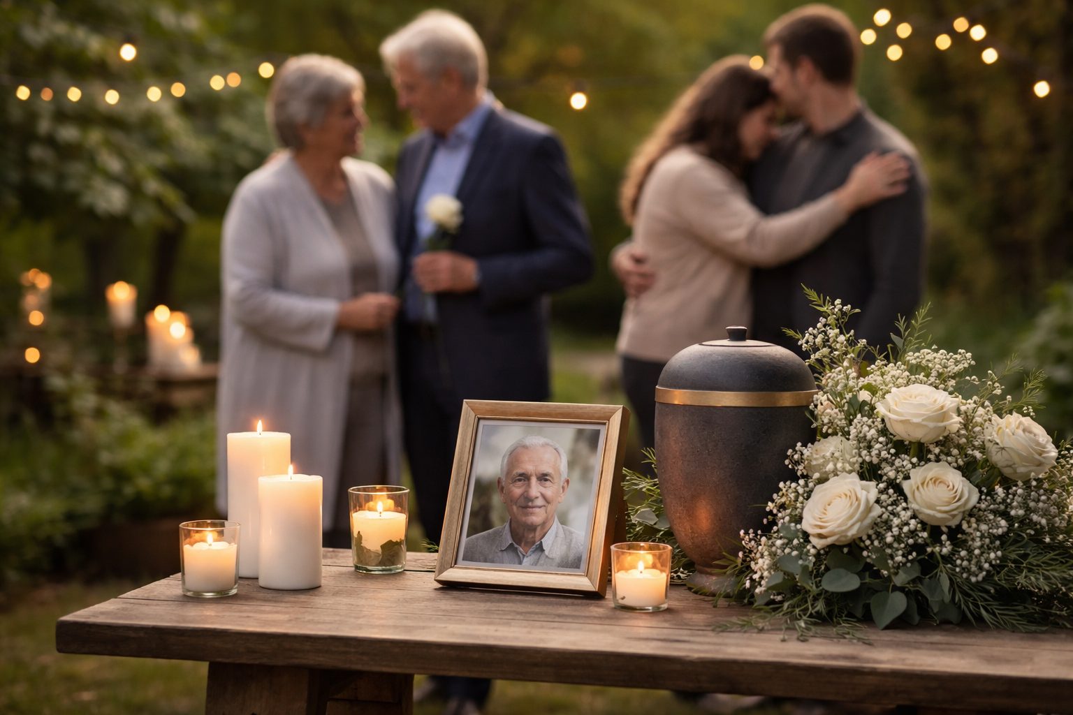 Table en bois avec photo encadrée, urne, bougies et bouquet de fleurs blanches lors d’une cérémonie intime dans un jardin, proches en arrière-plan