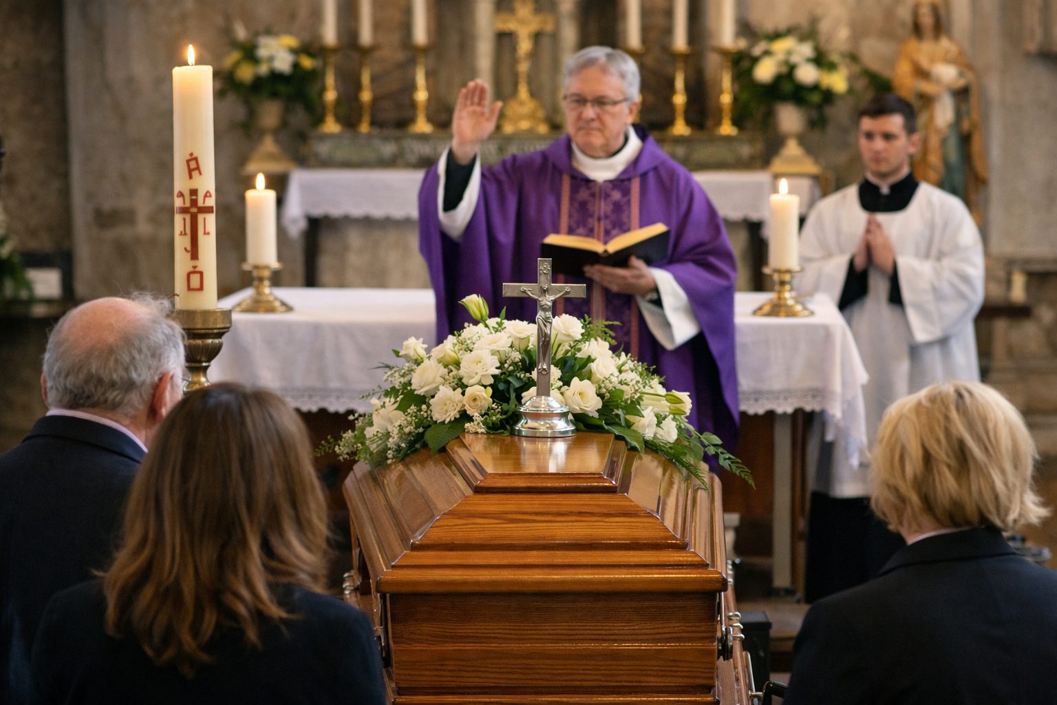 Prêtre en chasuble violette bénissant un cercueil fleuri dans une église, avec des proches réunis pour une cérémonie funéraire religieuse