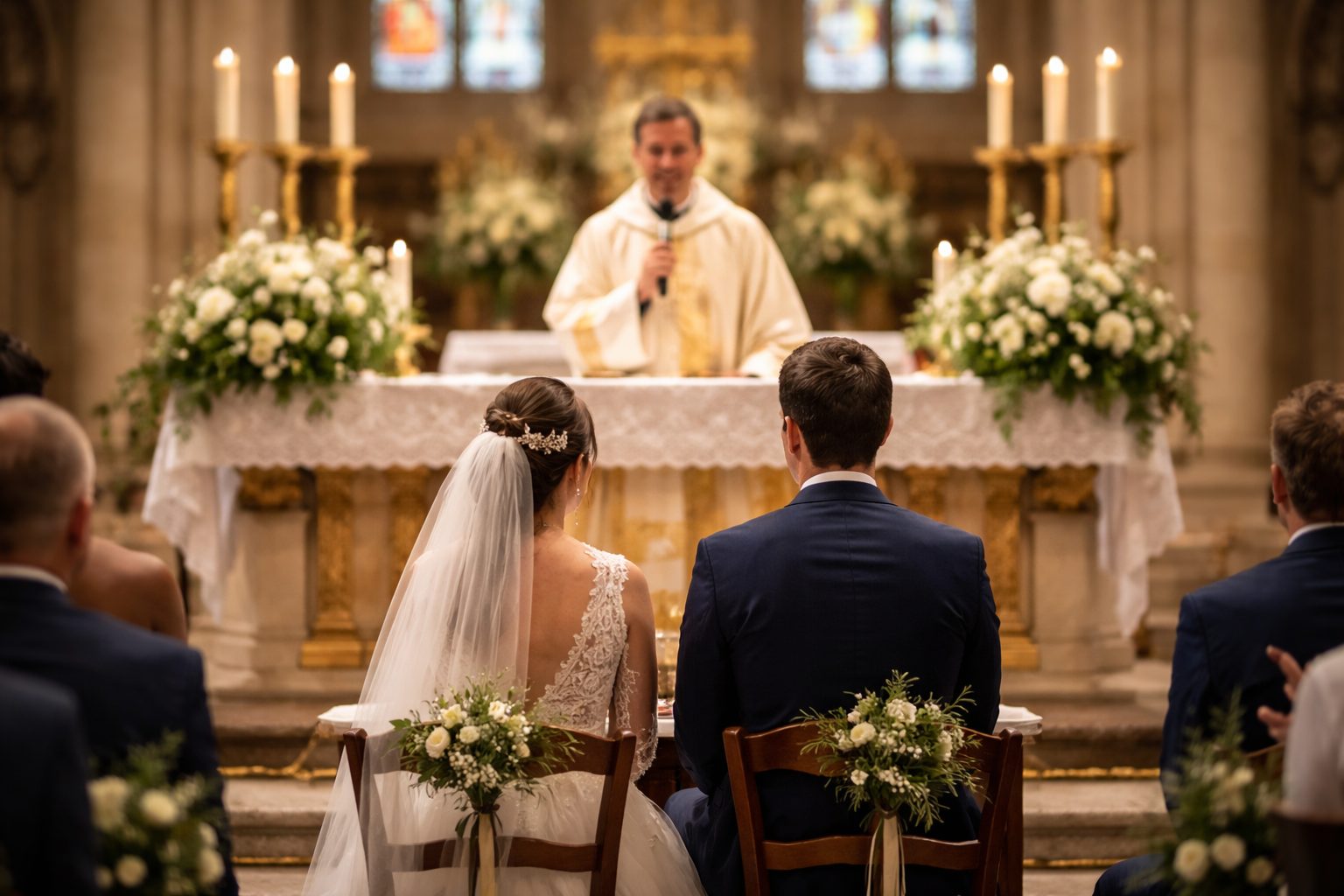 Mariés assis de dos face à l’autel pendant une cérémonie religieuse, prêtre au micro, décor floral blanc et chandeliers dans une église.