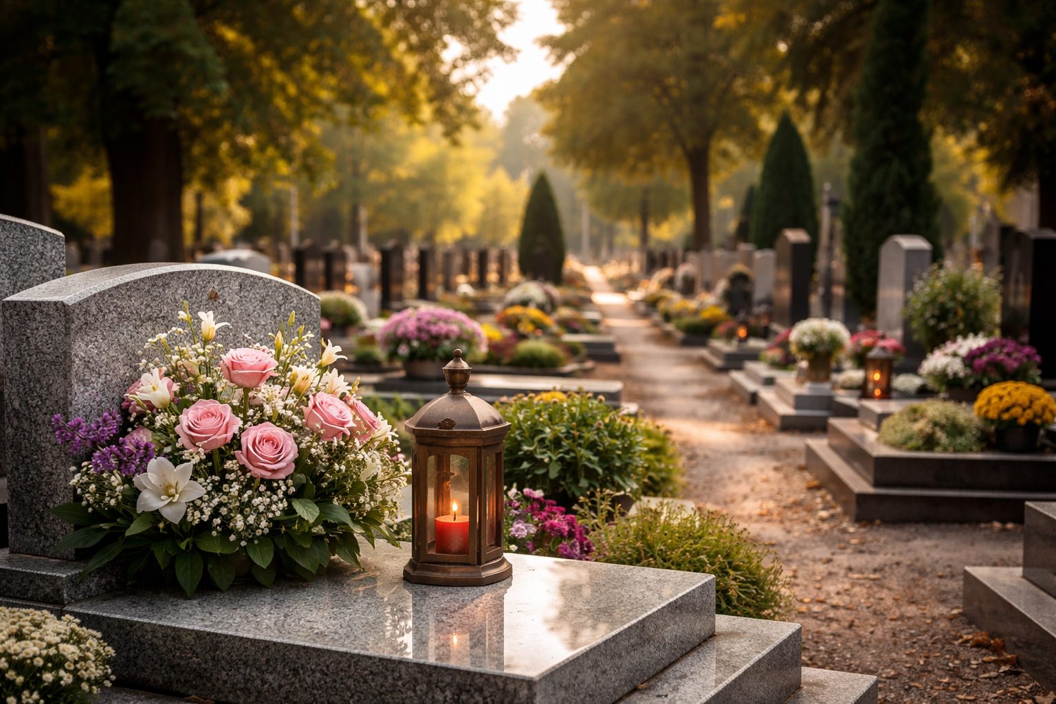 Tombe en granit avec bouquet de fleurs et lanterne allumée, dans un cimetière arboré avec allées et monuments au coucher du soleil