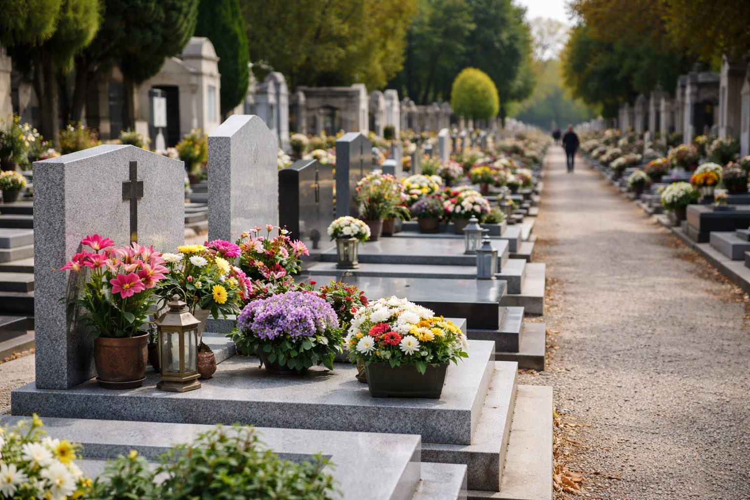 Tombe en granit ornée de fleurs colorées dans un cimetière communal, avec allée centrale et sépultures alignées en arrière-plan