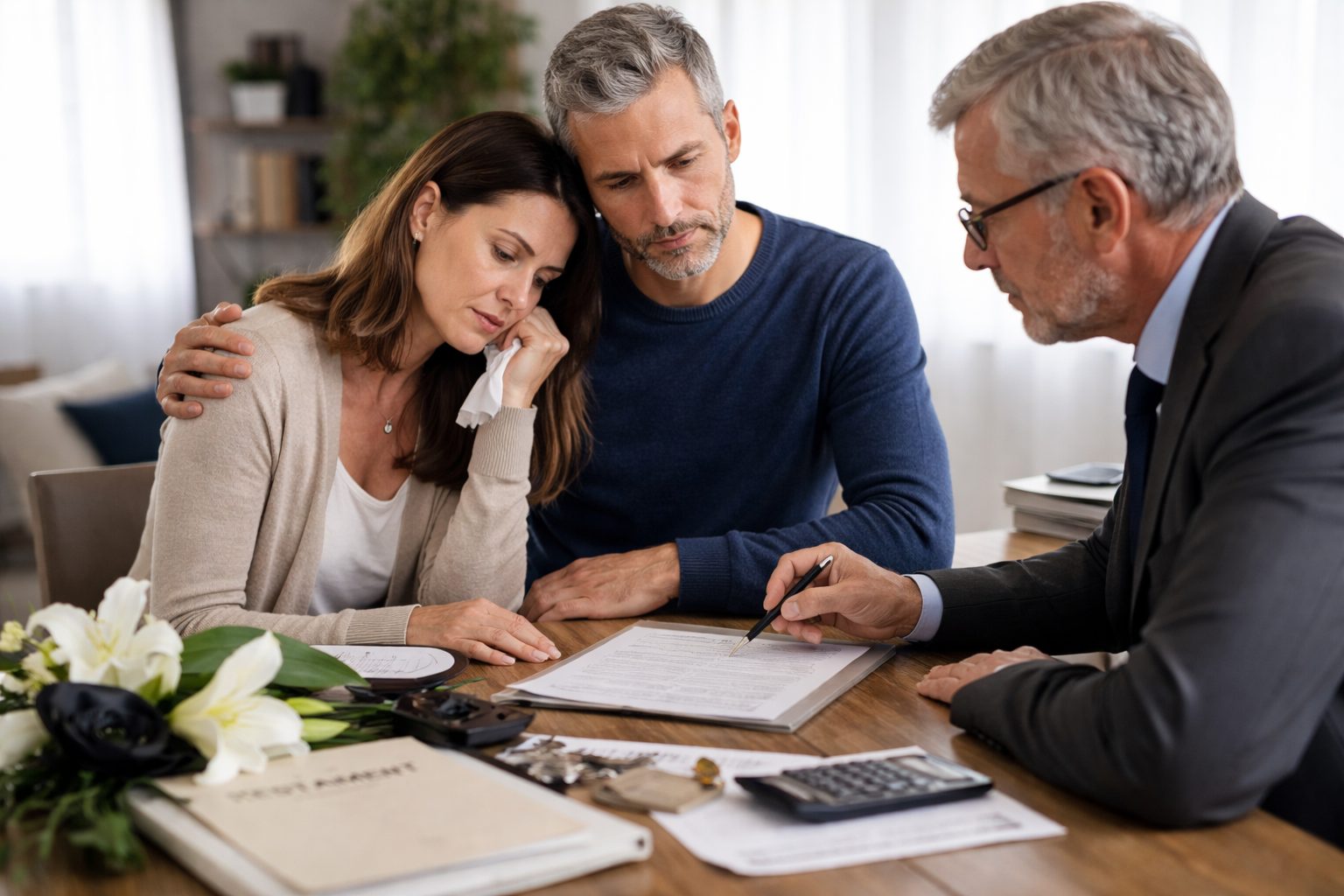 Couple endeuillé accompagné d’un notaire, examinant des documents de succession sur un bureau, scène réaliste en intérieur