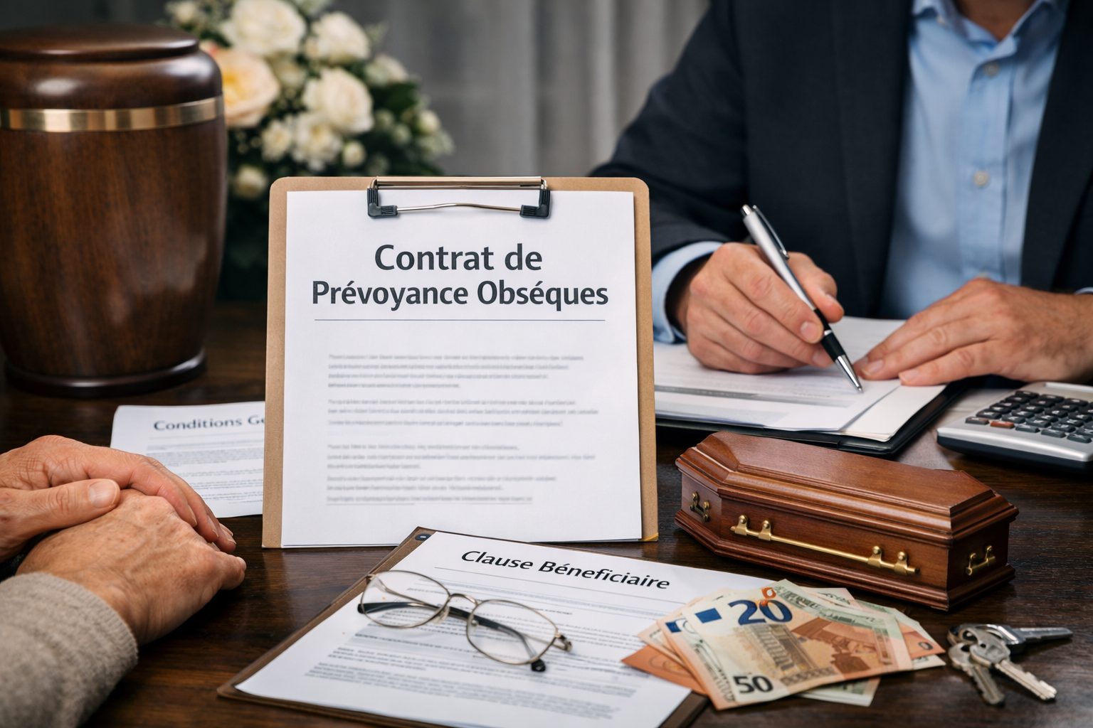 Personne signant un contrat de prévoyance obsèques sur une table avec clause bénéficiaire, petite représentation de cercueil et billets en euros