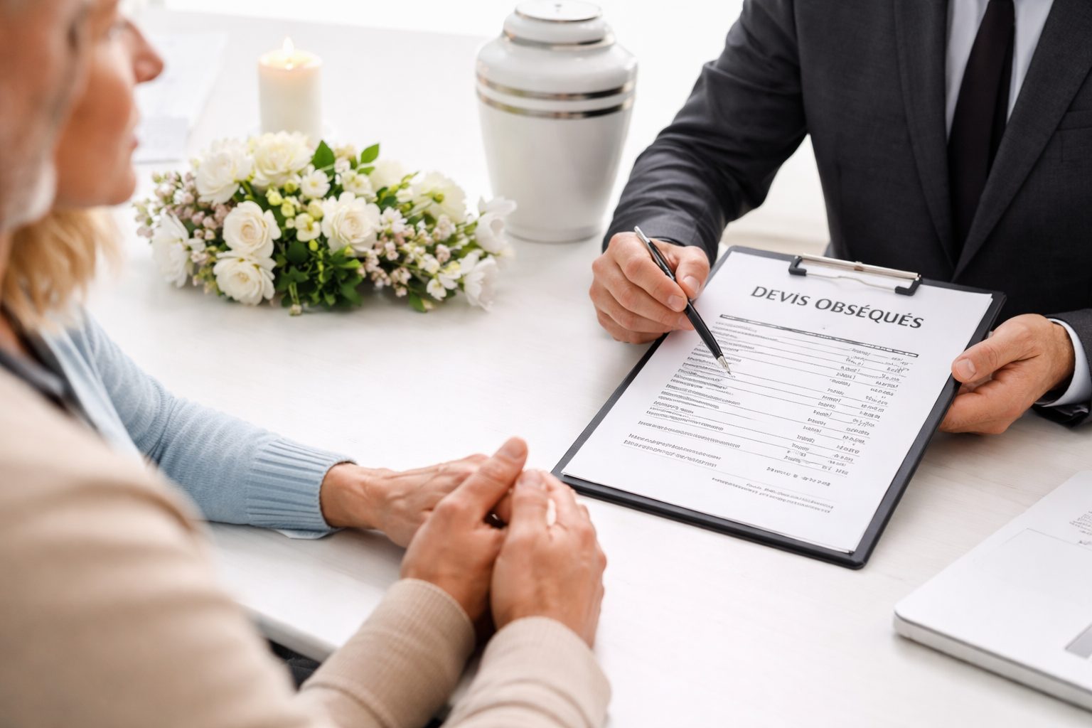 Un conseiller funéraire présente un devis obsèques sur un clipboard à un couple assis, avec une urne, une bougie et des fleurs blanches sur la table.