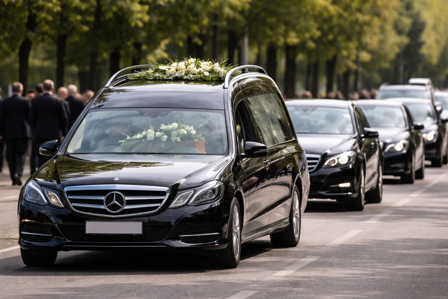 Corbillard noir ouvrant un convoi funéraire suivi de plusieurs voitures, avec des proches en arrière-plan sur une avenue arborée.
