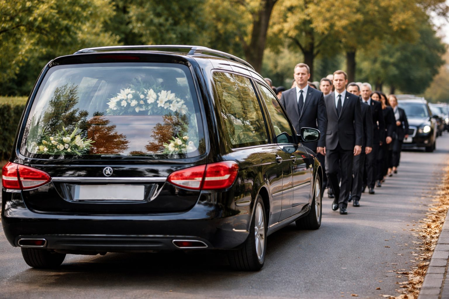 Convoi funéraire avec corbillard noir transportant un cercueil fleuri, suivi de proches marchant en silence et d’une file de véhicules