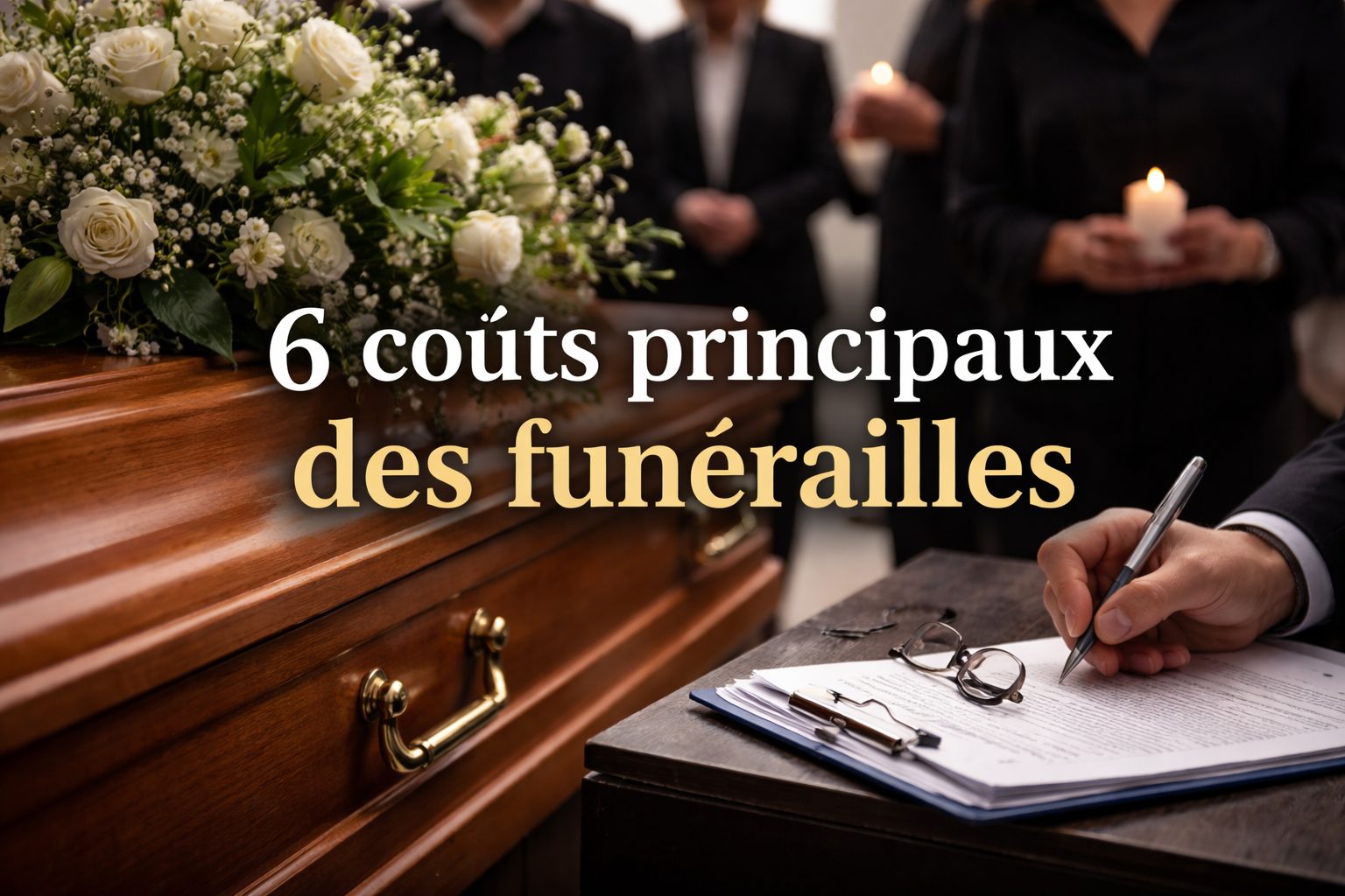 Cercueil en bois avec composition de fleurs blanches lors d’une cérémonie funéraire, avec un document signé au premier plan, illustrant les coûts principaux des funérailles.
