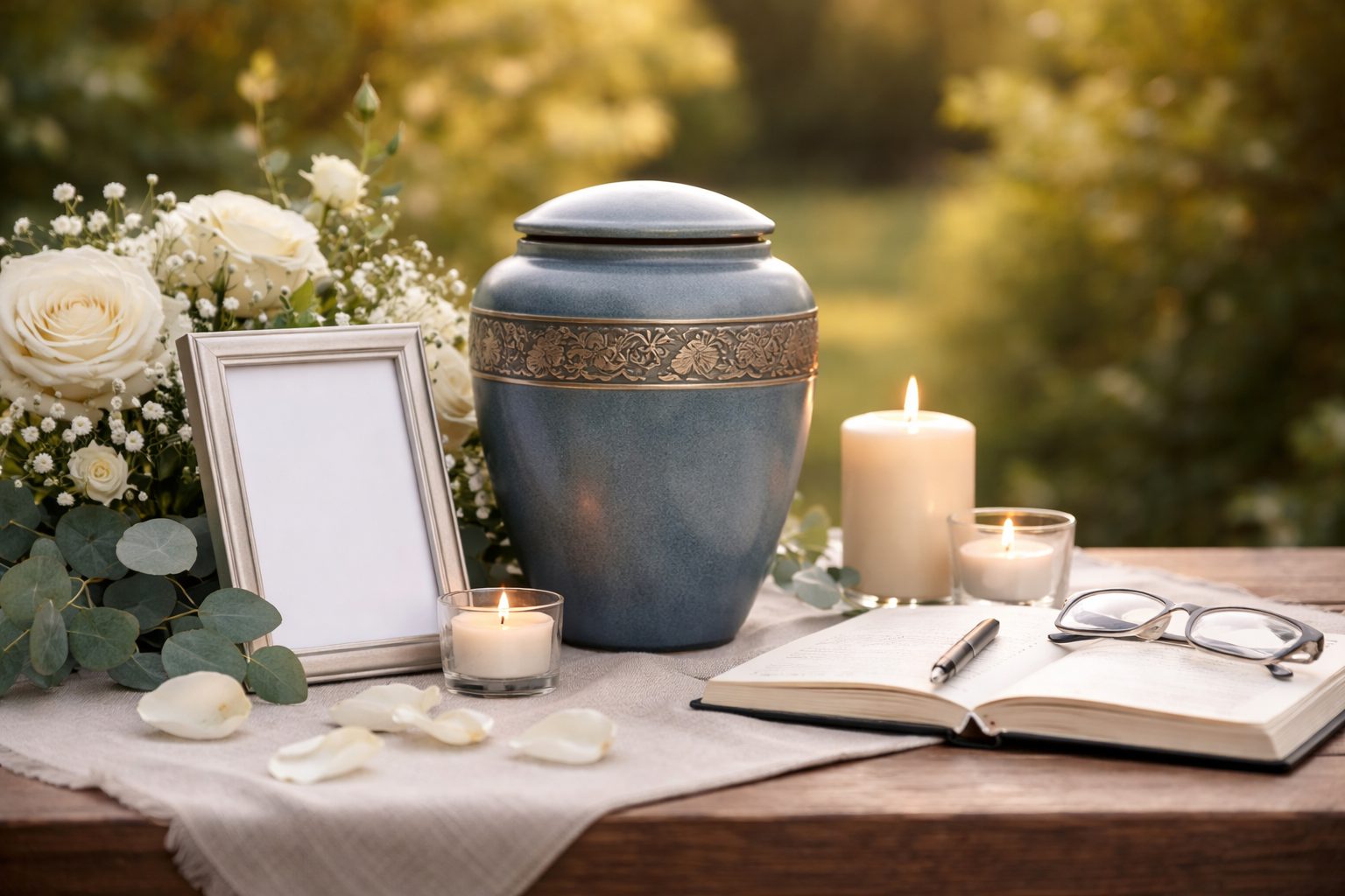 Urne funéraire bleue sur une table avec bougies, fleurs blanches, carnet ouvert et cadre photo lors d’un hommage lié à la crémation