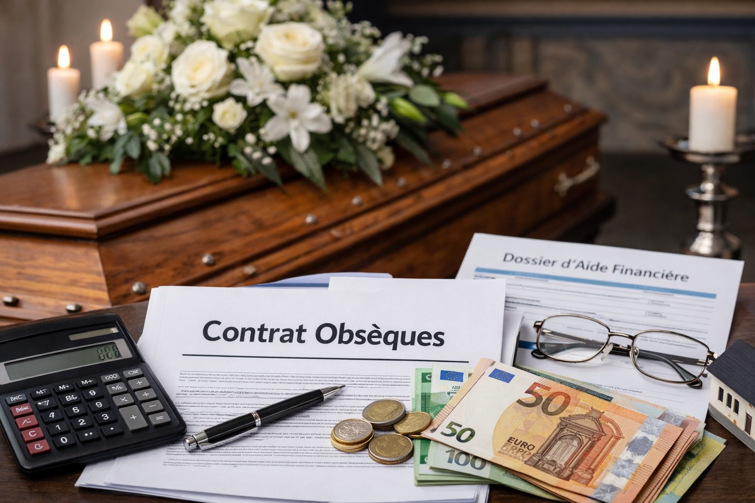 Contrat obsèques, dossier d’aide financière, calculatrice et billets en euros posés sur une table, avec un cercueil fleuri et des bougies en arrière-plan.