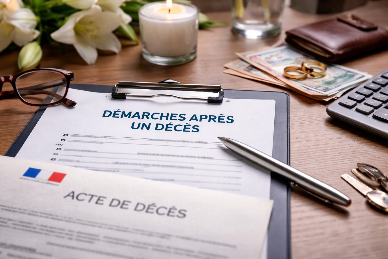 Bureau avec un dossier “Démarches après un décès”, un acte de décès, un stylo, des lunettes, une bougie et des papiers administratifs.