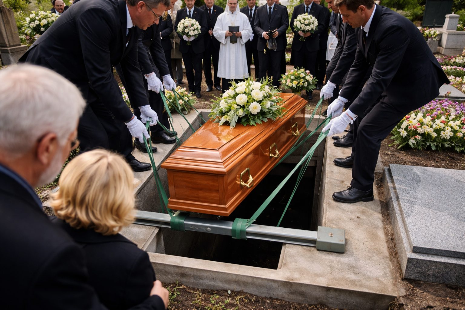Descente d’un cercueil dans un caveau funéraire lors d’une cérémonie d’inhumation au cimetière en présence de la famille