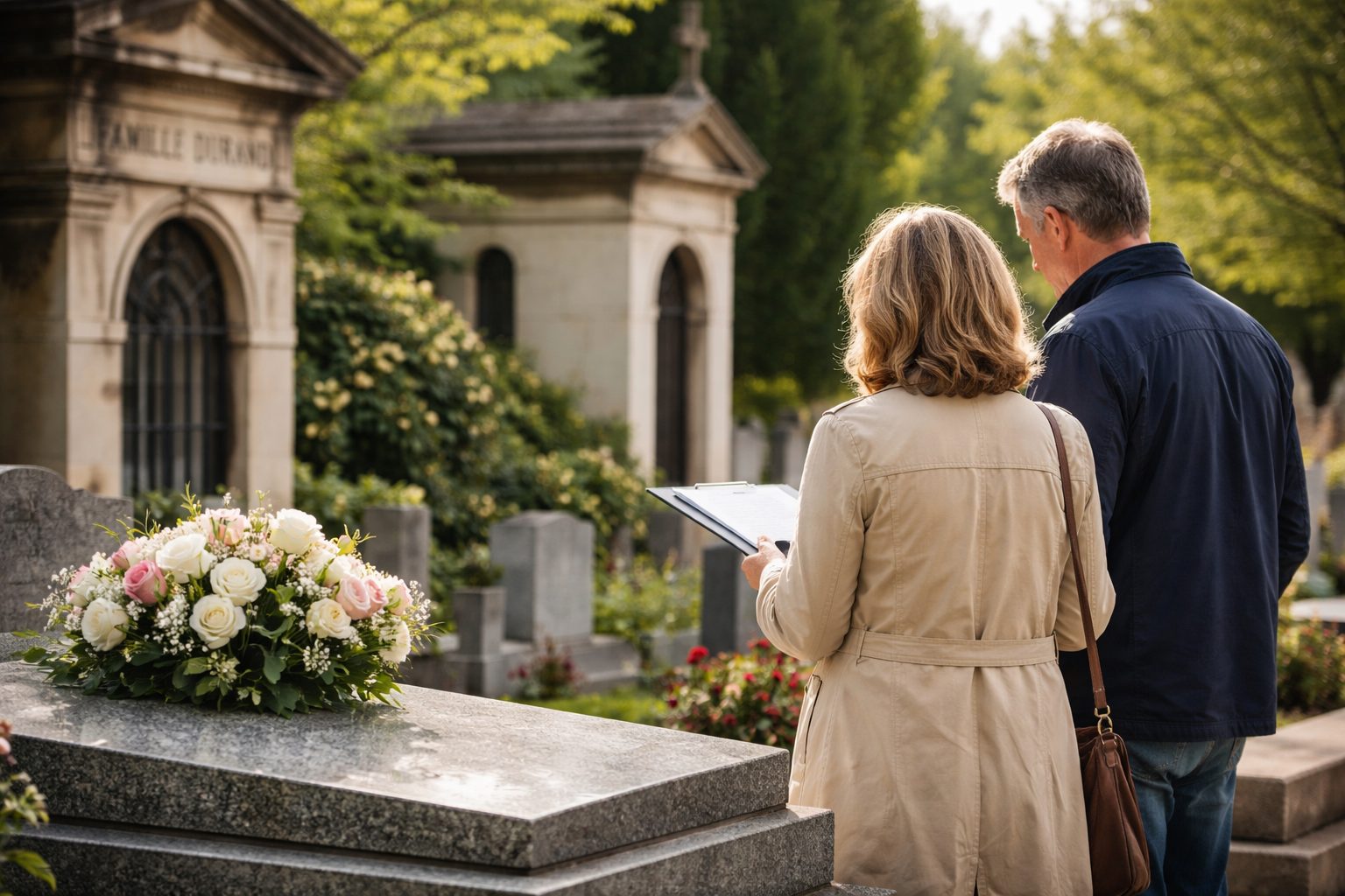 Un couple consulte des documents près d’une tombe fleurie dans un cimetière, avec des mausolées en arrière-plan.