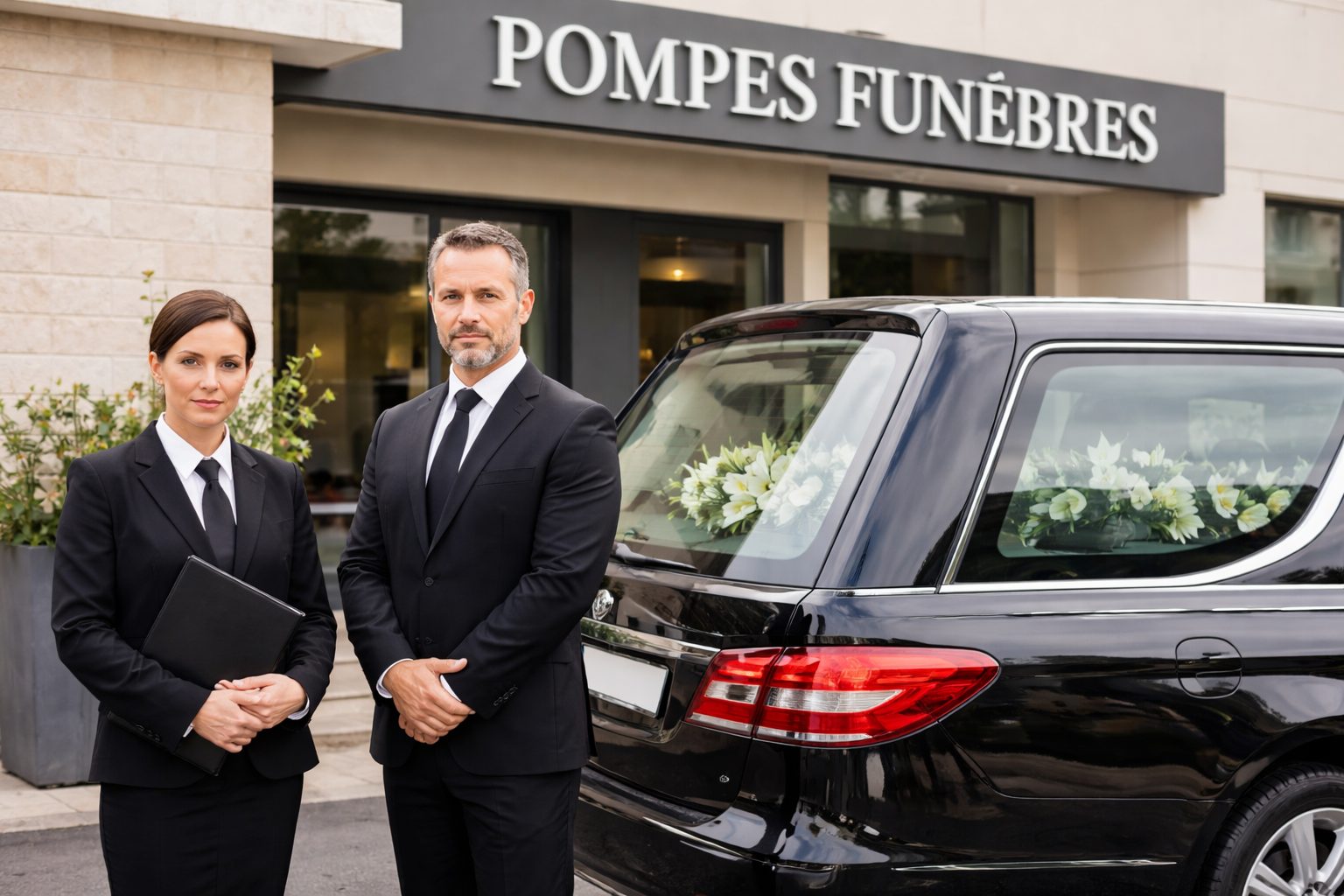 Deux professionnels des pompes funèbres en tenue noire devant une agence, à côté d’un corbillard noir décoré de fleurs blanches