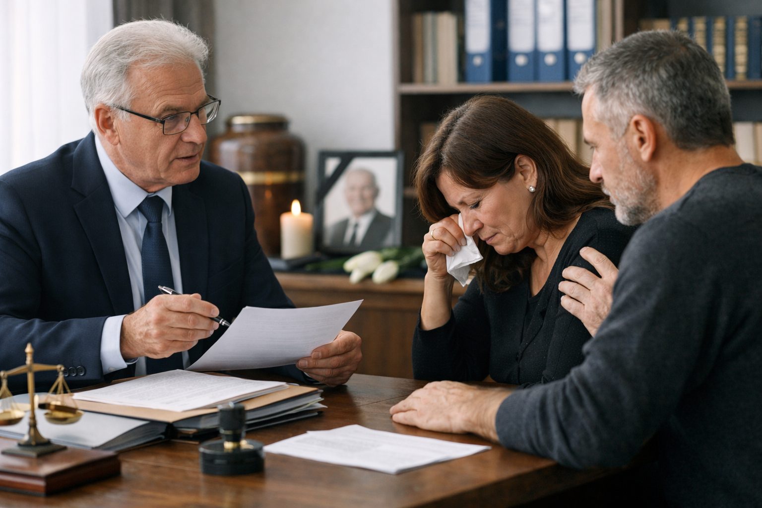 Notaire expliquant des documents de succession à un couple en deuil dans un bureau, avec une urne et une bougie en arrière-plan