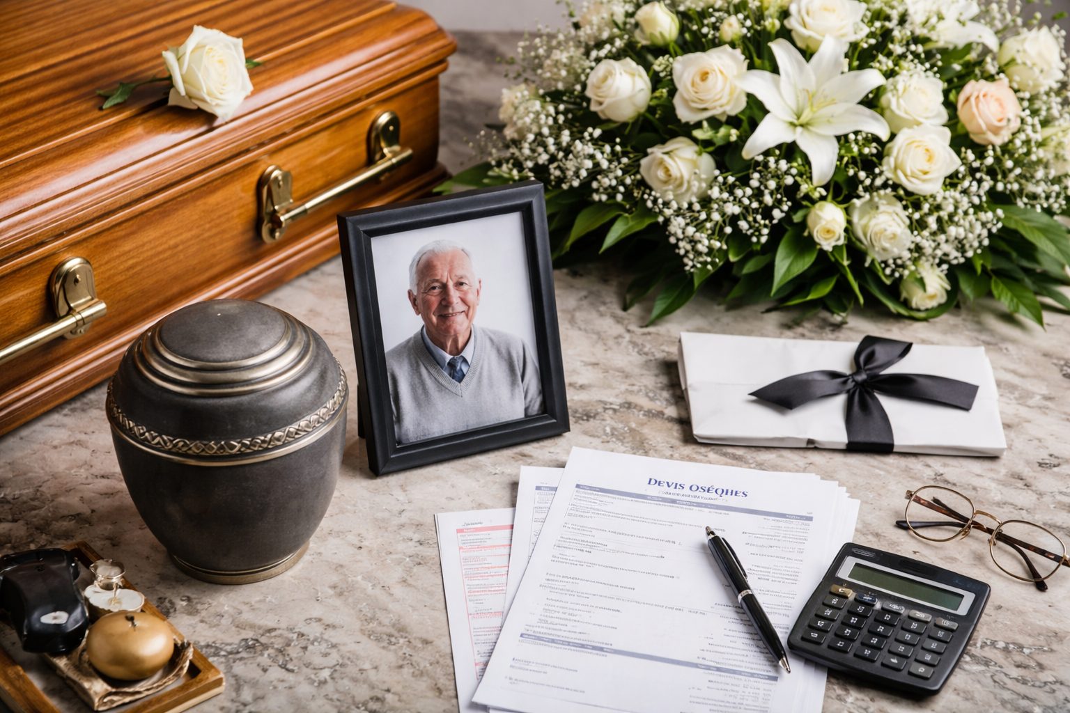 Scène funéraire horizontale montrant un cercueil en bois, une urne, un bouquet de fleurs blanches, une photo du défunt et des documents de devis d’obsèques avec calculatrice