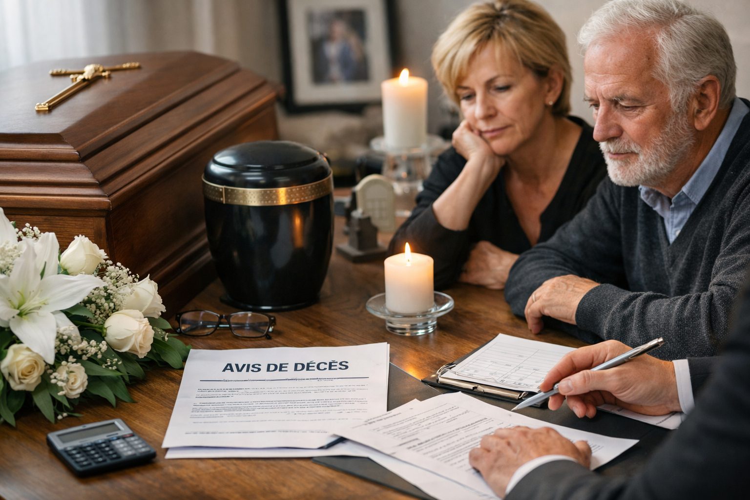 Couple assis à une table avec documents funéraires, bougies, fleurs blanches, cercueil et urne, pendant la préparation des obsèques.