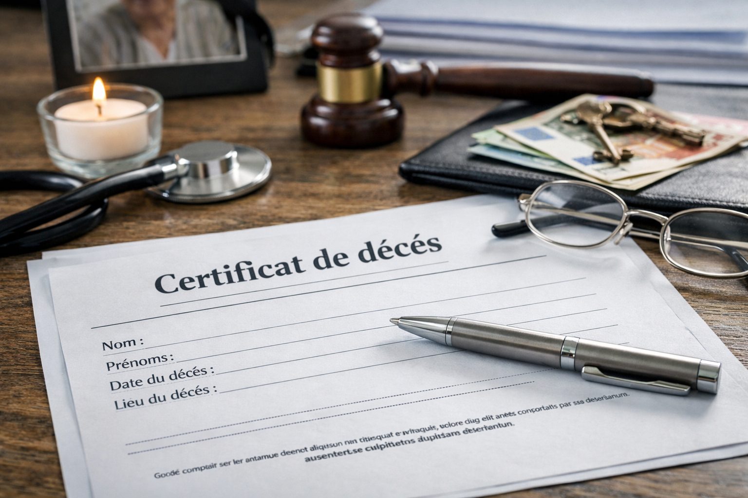 Certificat de décès posé sur un bureau avec un stylo, un stéthoscope, une bougie, des papiers d’assurance et un maillet, illustrant les démarches après un décès.