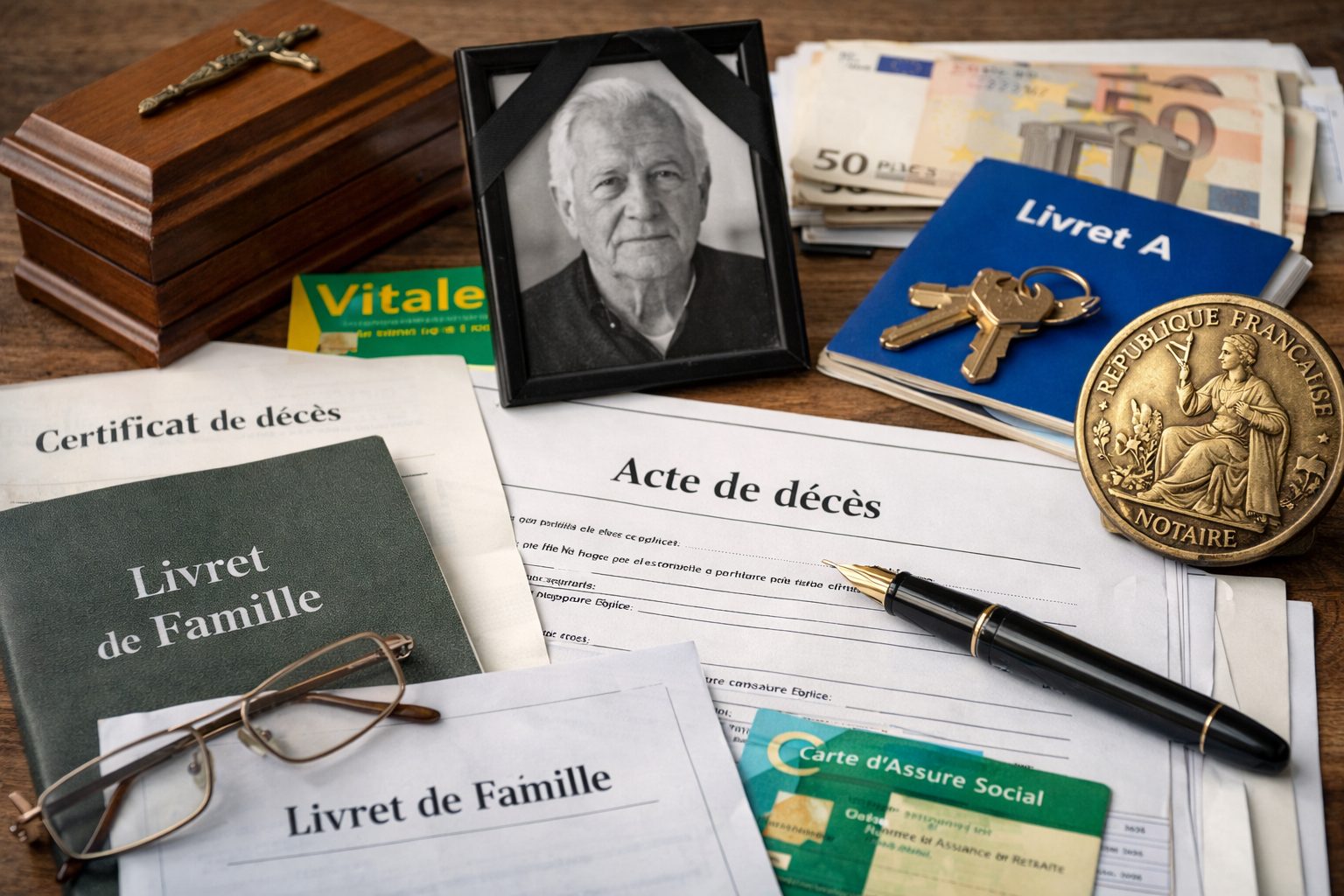 Photo horizontale de documents administratifs liés à un décès (certificat et acte de décès), livret de famille, carte Vitale, papiers bancaires, clés et sceau de notaire, posés sur une table.