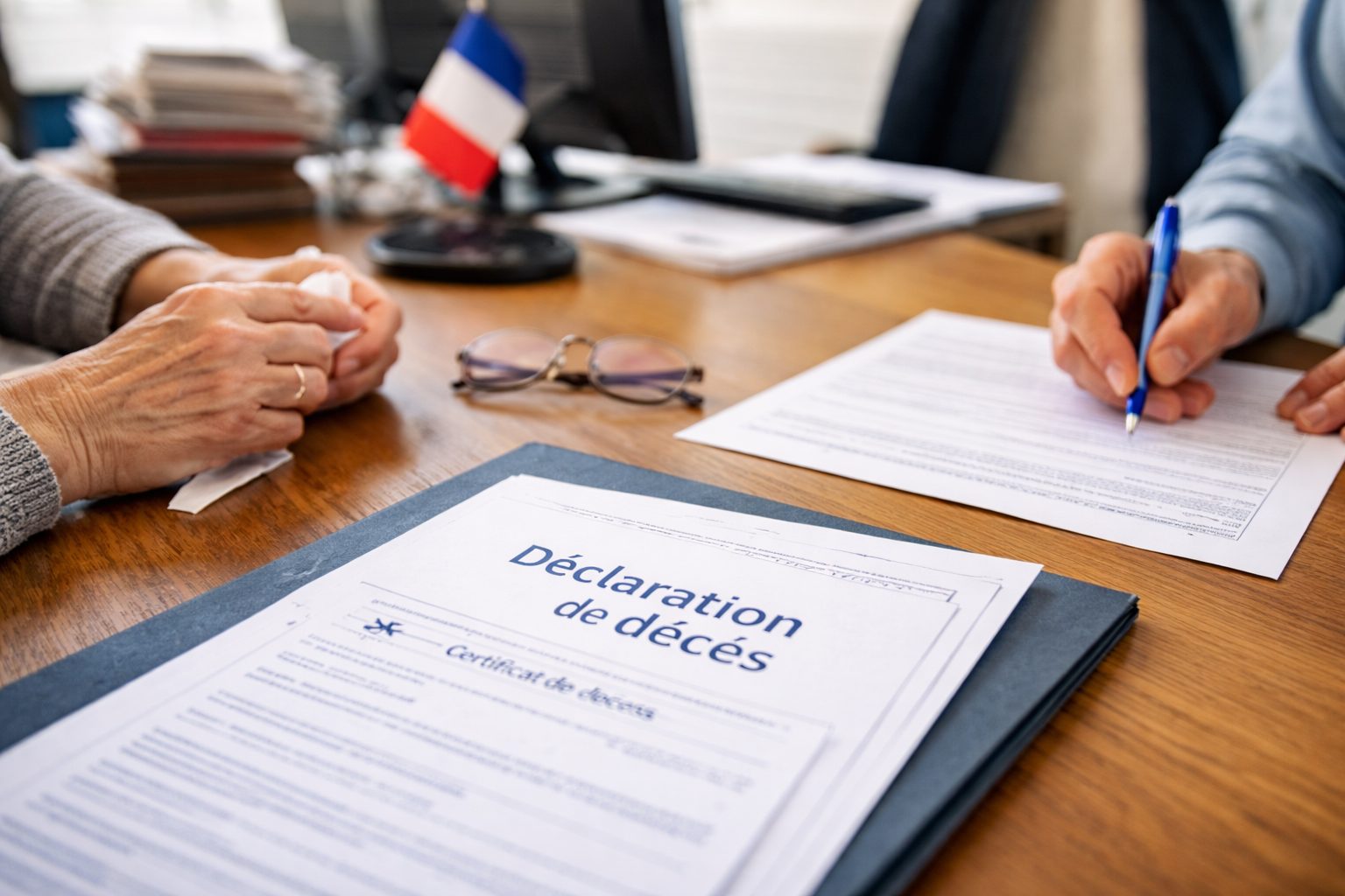 Mains remplissant un formulaire de déclaration de décès sur un bureau en mairie, avec un petit drapeau français en arrière-plan