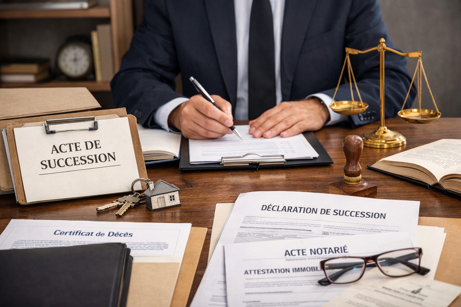 Notaire signant des documents de succession sur un bureau avec attestation, déclaration de succession, clés et maquette de maison
