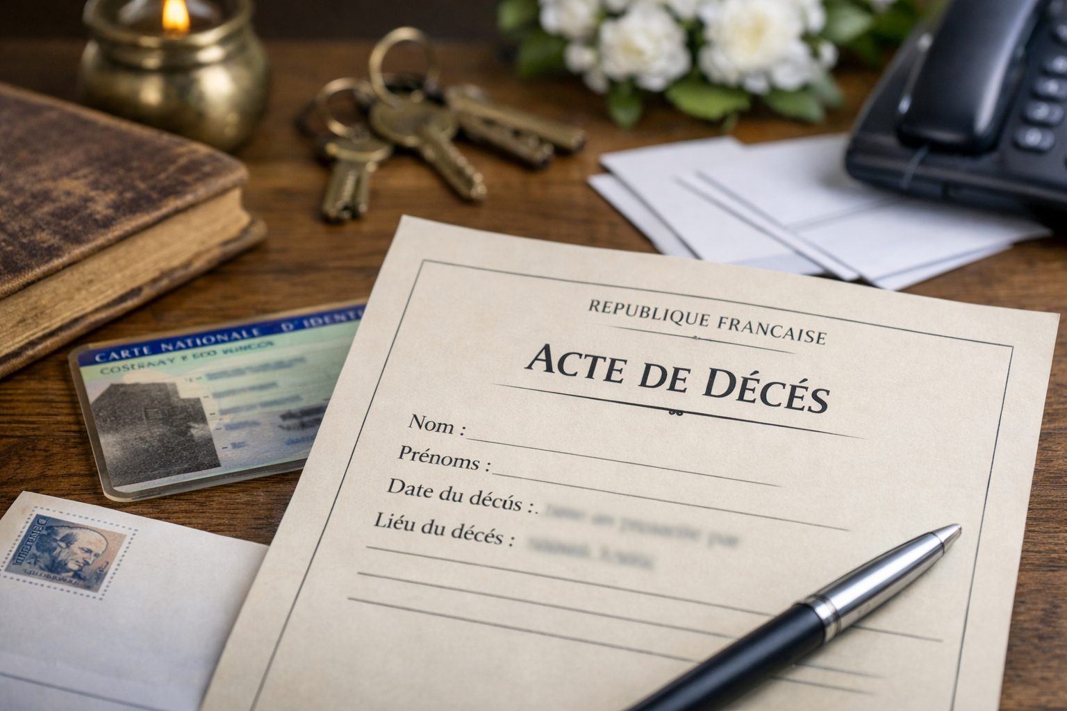 Document d’acte de décès posé sur un bureau avec une carte d’identité, un stylo, des clés et des enveloppes, illustrant les formalités administratives après un décès