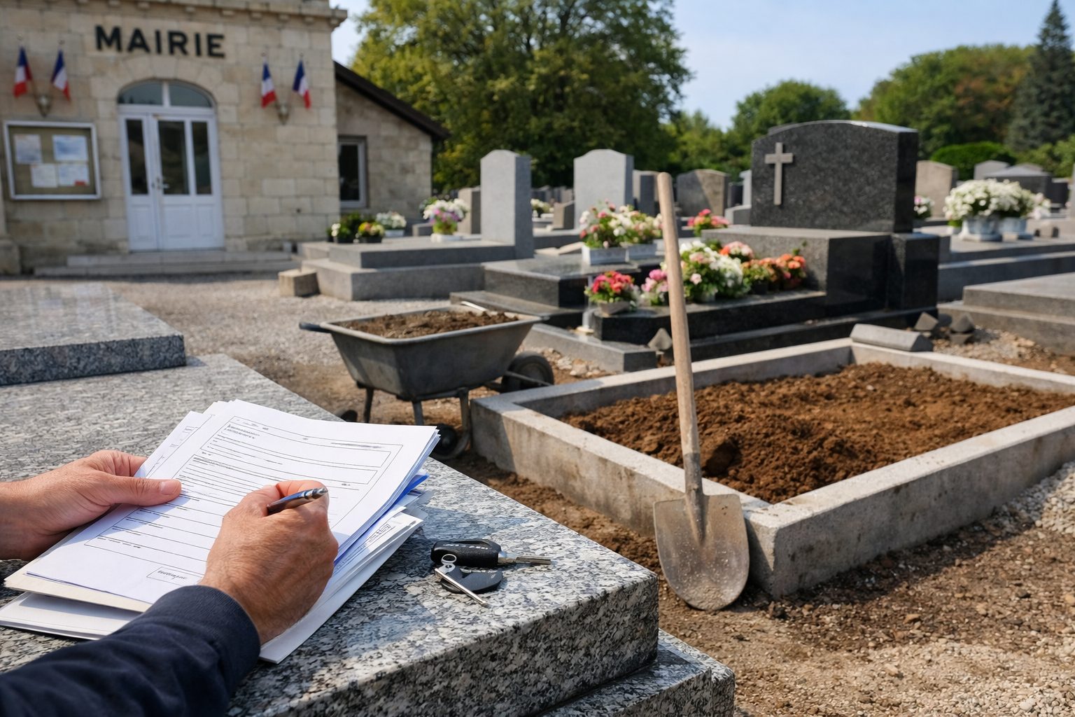 Personne signant des documents administratifs sur une tombe en granit, avec une mairie en arrière-plan et un cimetière en cours d’aménagement.