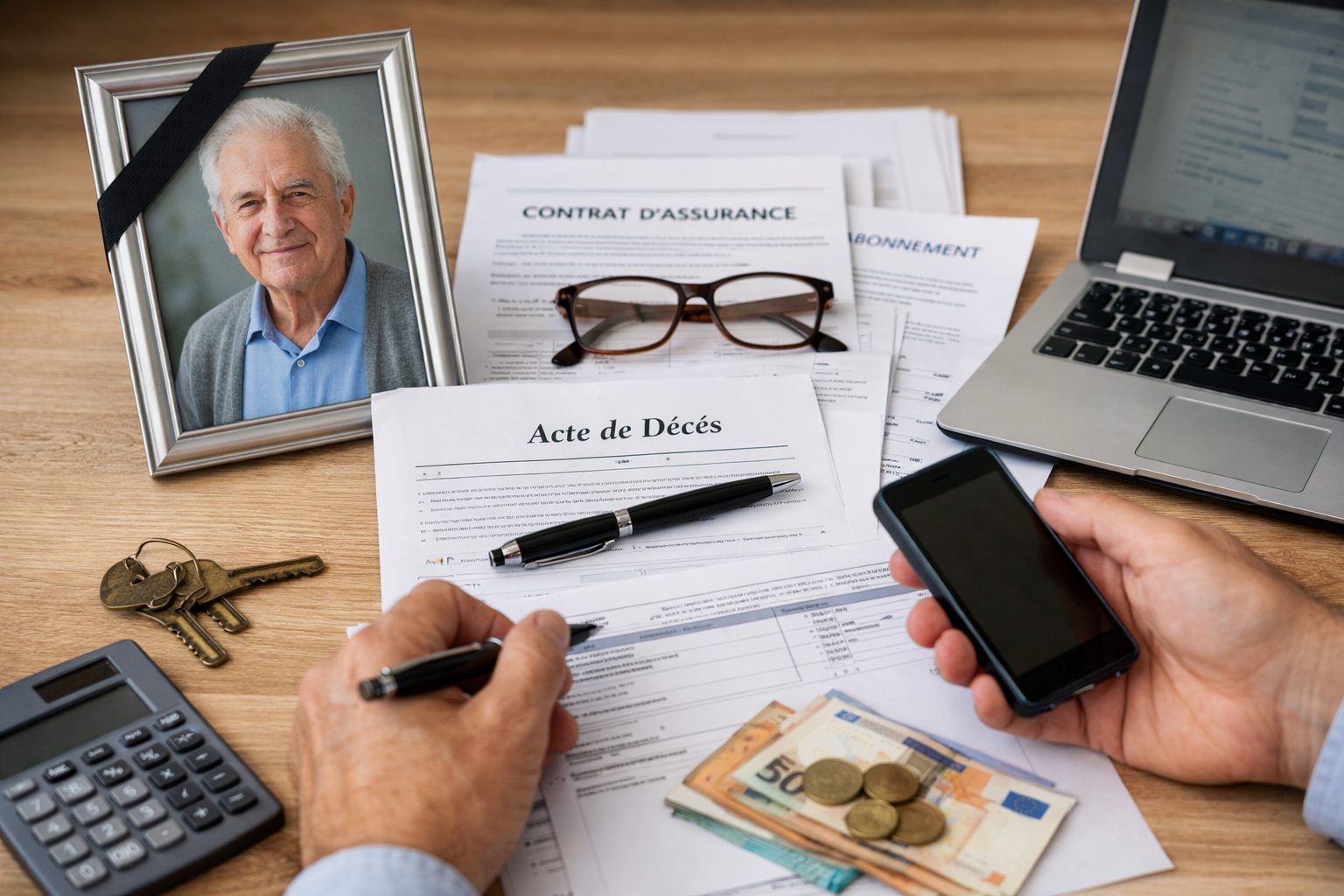 Mains tenant un téléphone et un stylo au-dessus de documents administratifs, avec un acte de décès, des contrats et un ordinateur, illustrant la résiliation d’abonnements après décès.