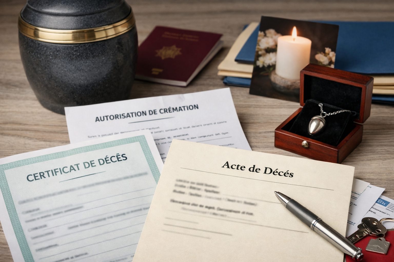 Urne funéraire et documents administratifs pour une crémation posés sur une table, avec certificat de décès, acte de décès et autorisation de crémation.