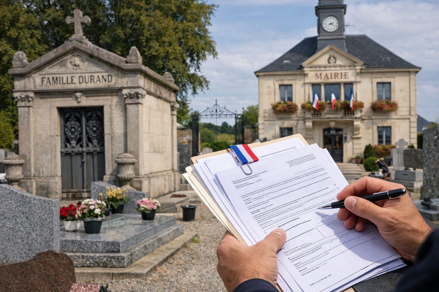 Mains tenant un dossier de documents administratifs dans un cimetière, avec un monument familial et une mairie en arrière-plan