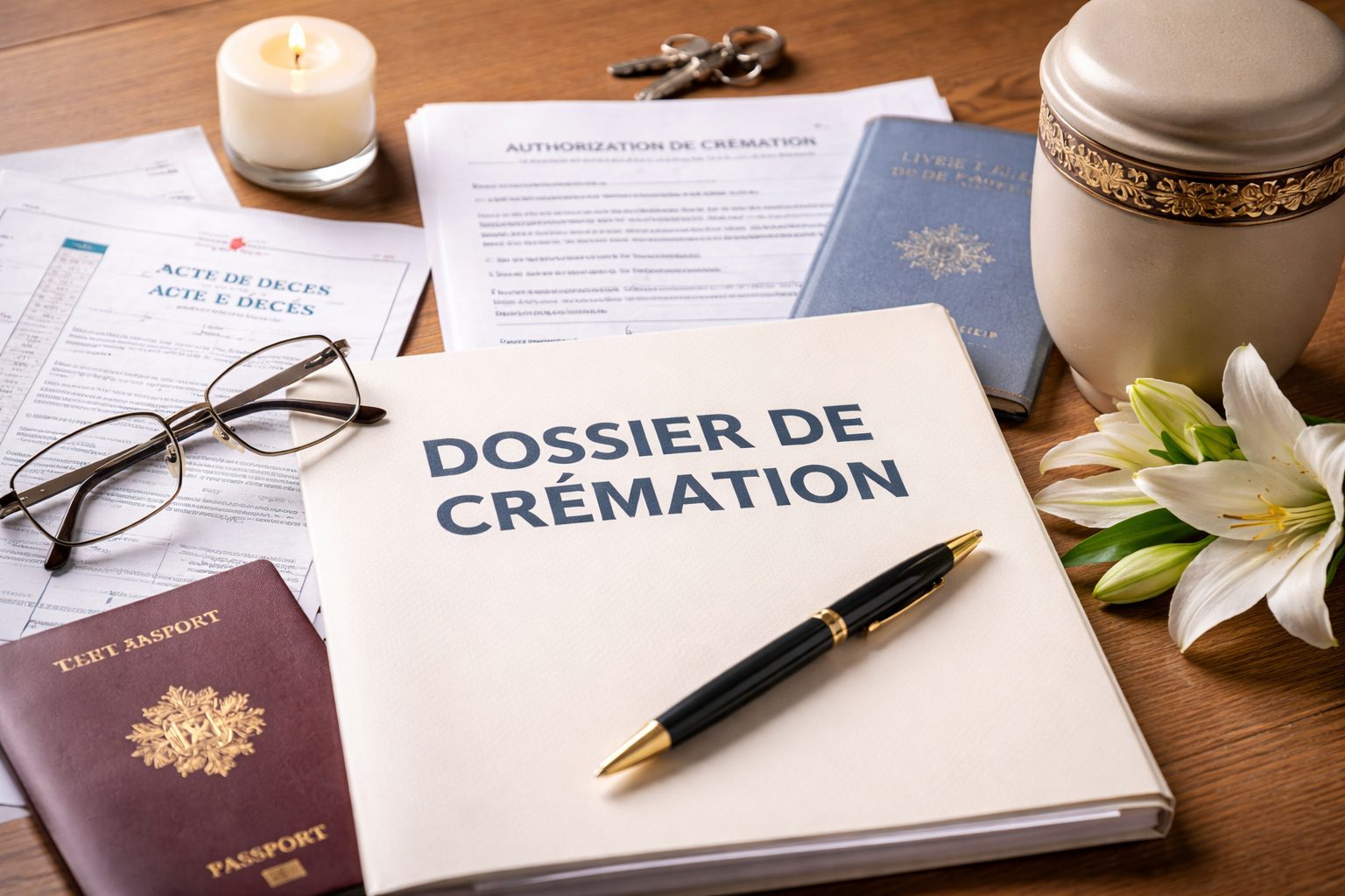 Dossier de crémation posé sur un bureau avec acte de décès, formulaire d’autorisation de crémation, livret de famille, stylo, lunettes et urne funéraire.