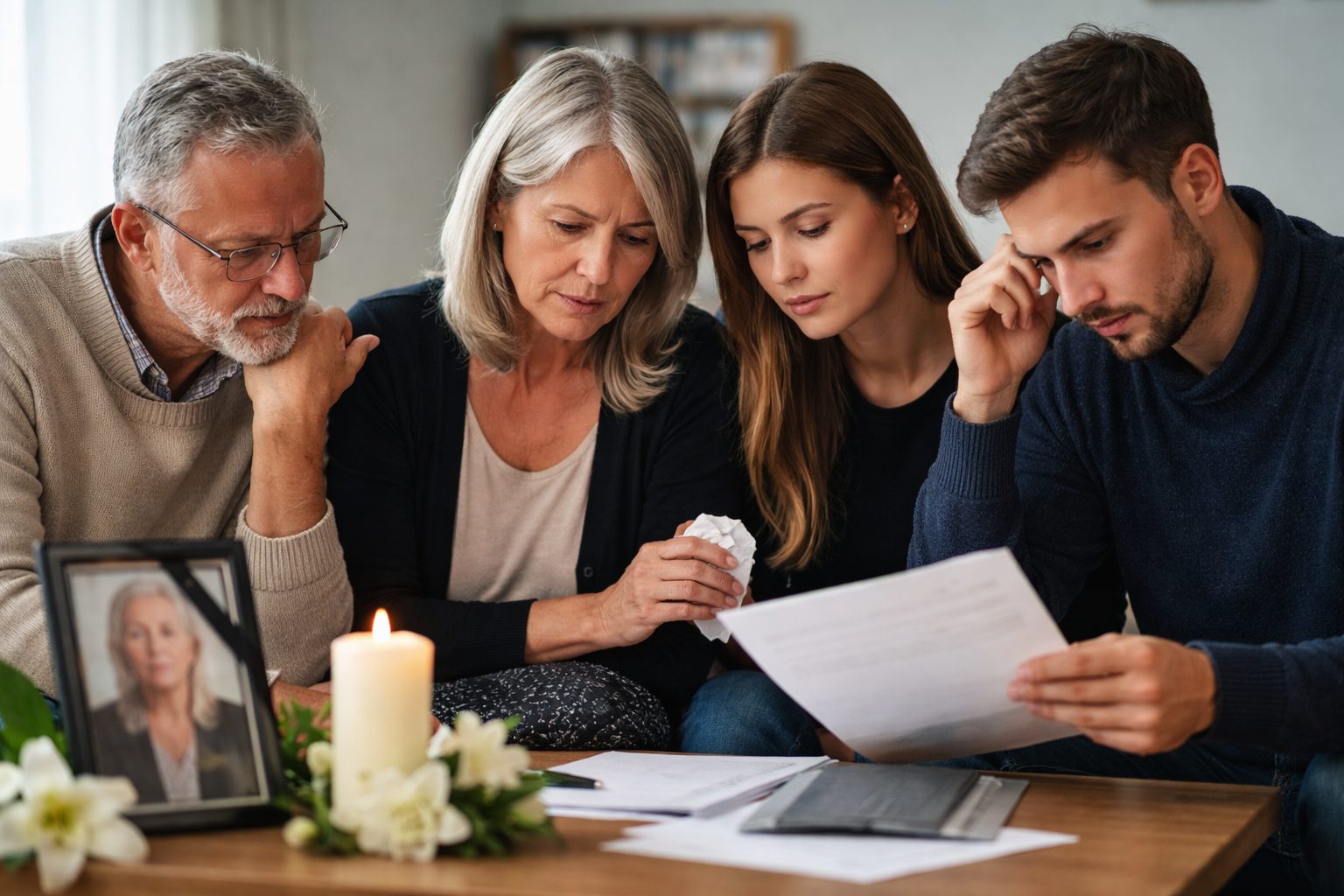 Famille endeuillée réunie dans un salon, consultant des documents après un décès, avec une photo encadrée, une bougie allumée et des fleurs blanches sur la table.