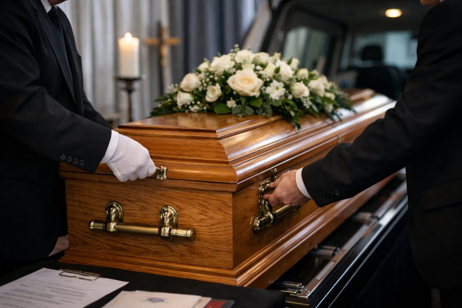 Deux agents funéraires ferment un cercueil en bois verni avec une gerbe de fleurs blanches, dans une chambre funéraire, avant le départ du corbillard.