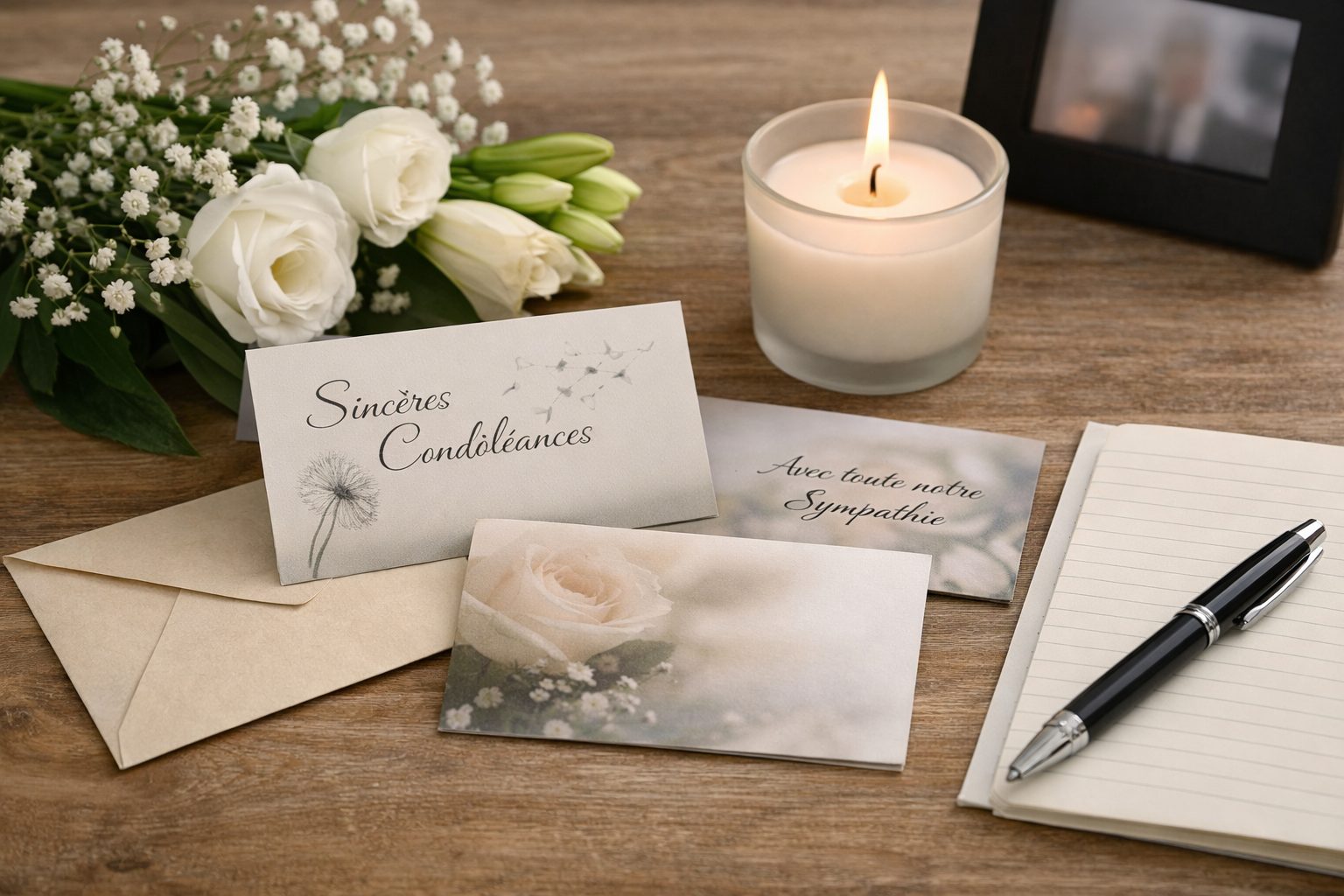 Composition sobre avec cartes de condoléances, bouquet de fleurs blanches, bougie allumée, carnet et stylo posés sur une table en bois.