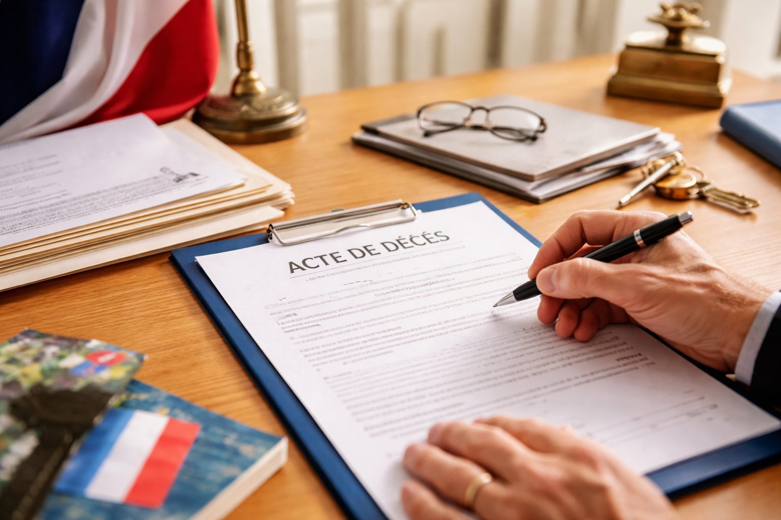 Main signant un acte de décès sur un bureau en mairie, avec dossiers administratifs et drapeau français en arrière-plan
