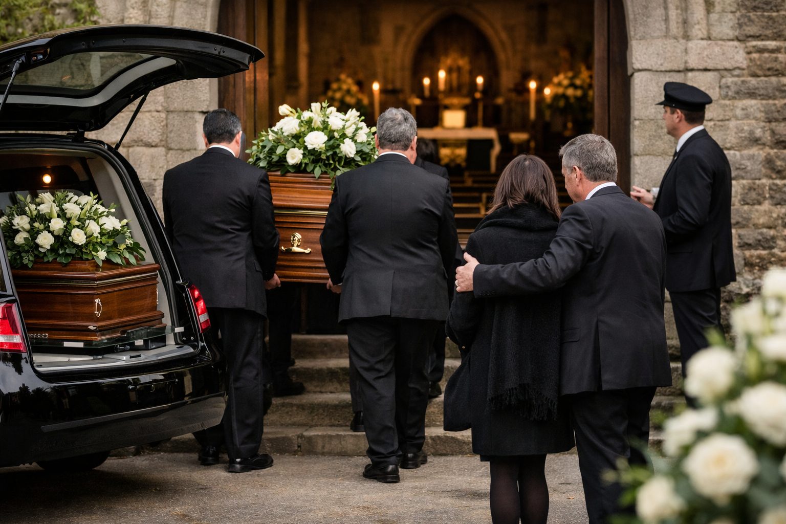Porteurs transportant un cercueil fleuri depuis un corbillard vers l’entrée d’une église, avec des proches présents